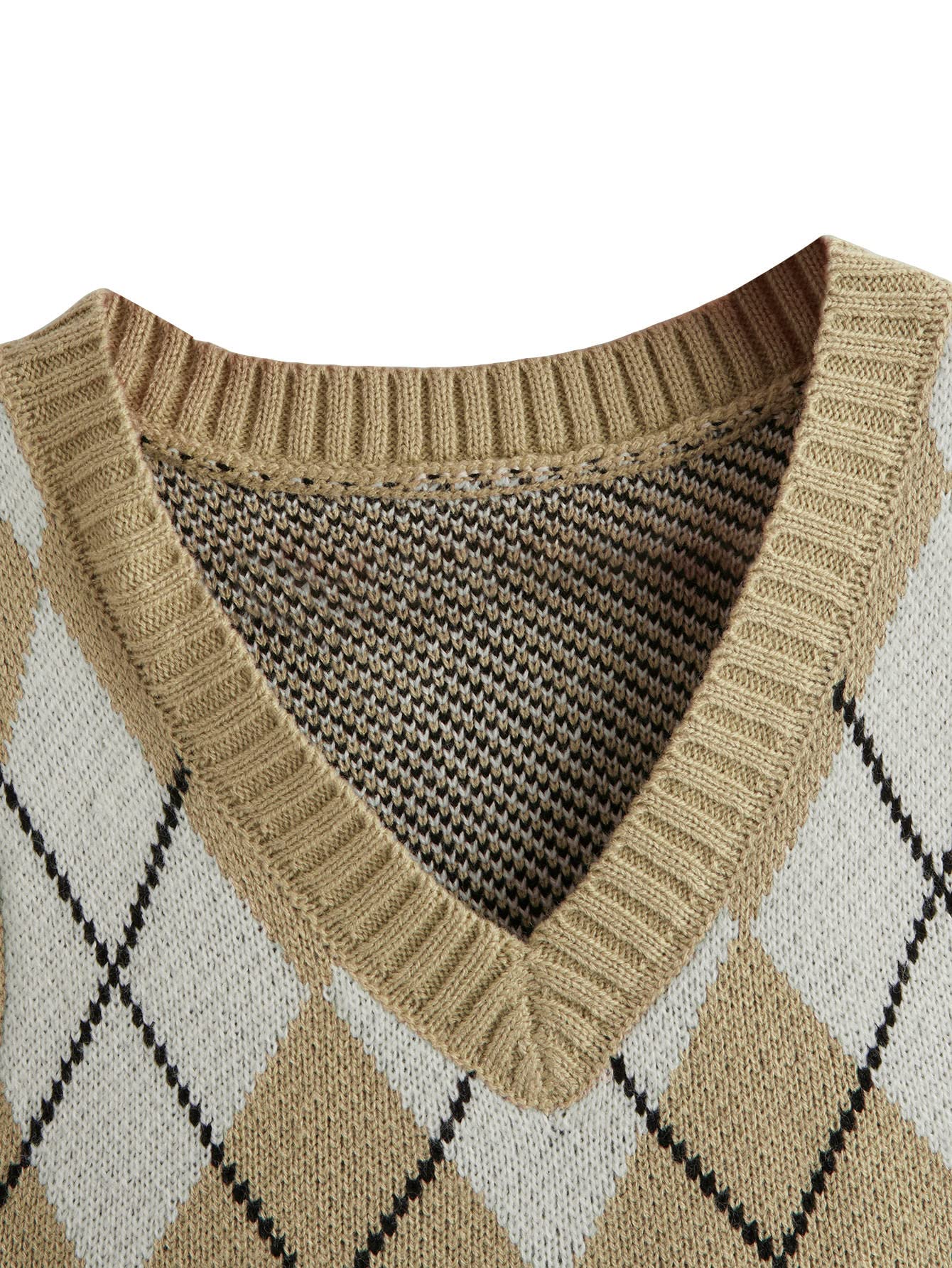 SweatyRocks Women's Plaid Geometric Sleeveless V-Neck Knit Crop Top Sweater Vest - Stylish Layering Piece for Casual Outfits & Fall Fashion