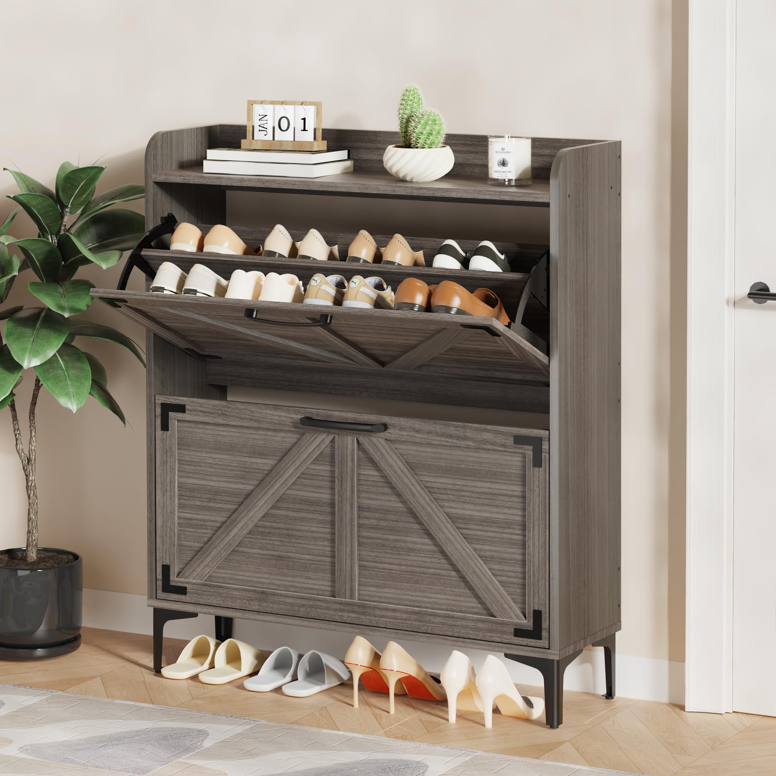 Modern Shoe Storage Cabinet with 2 Flip Drawers - Freestanding Entryway Organizer with Open Shelves & Farmhouse Style Legs in Washed Gray - Perfect for Small Spaces, Hallway, Closet & Apartment Organization
