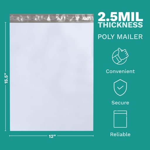 500 Pack White 12x15.5 Inch 2.5 Mil Poly Mailer Envelopes - Waterproof, Tear & Puncture Proof Self Seal Plastic Mailing Bags with Adhesive Strip | Perfect for Ecommerce Shipping, Amazon FBA, Clothing & Small Item Packaging