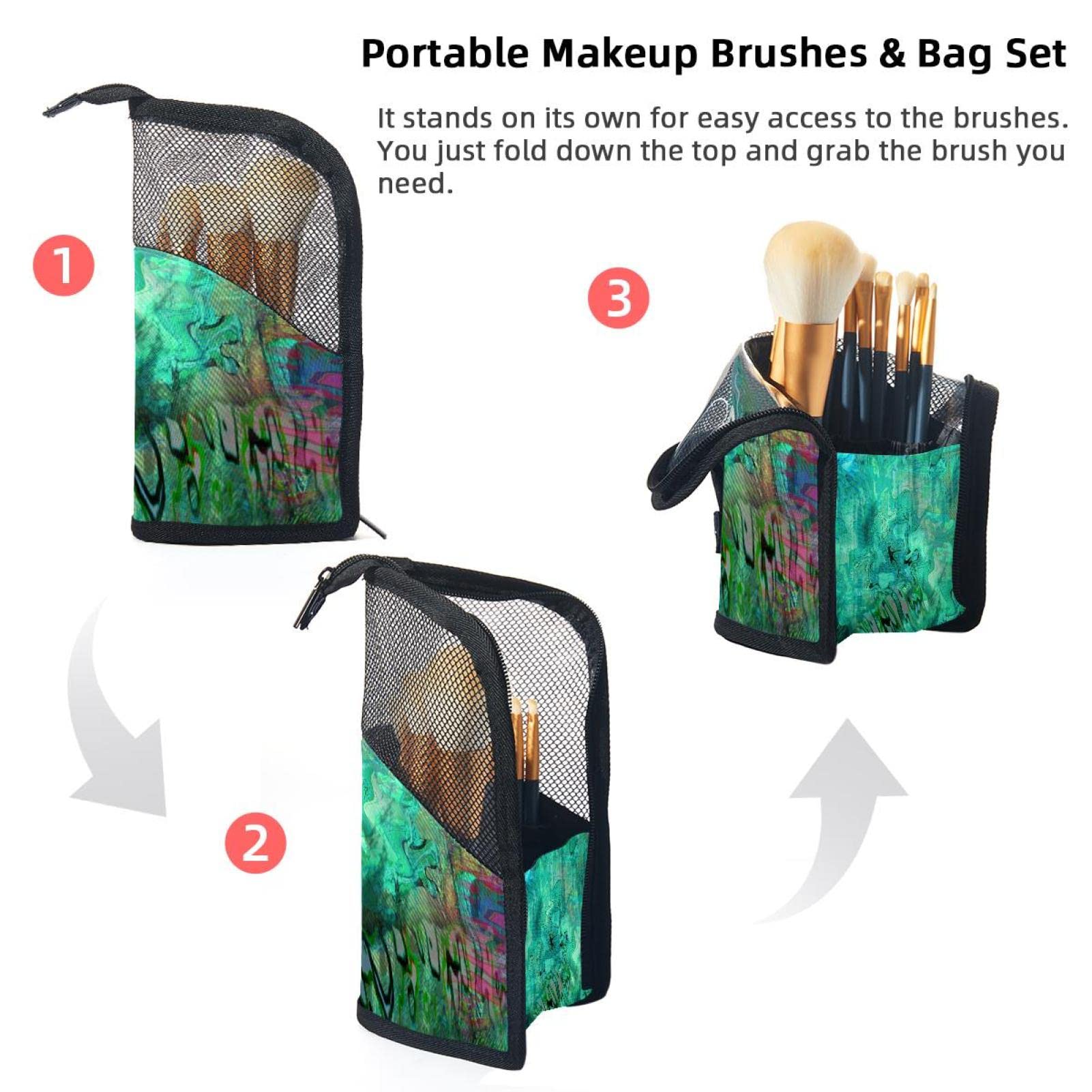 Premium Makeup Brush Organizer Bag with 12 Brushes - Abstract Blue Peacock Design - Portable Cosmetic Brush Holder Case for Travel & Home Vanity Organization
