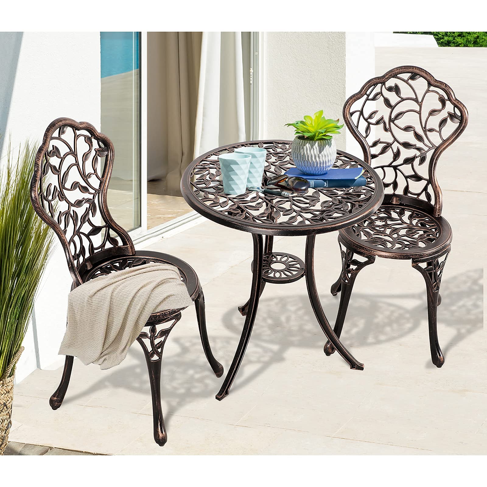 Patiorama 3-Piece Outdoor Bistro Set - Cast Aluminum Patio Furniture with Rust-Resistant All-Weather Design, Decorative Leaf Pattern & Antique Copper Finish - Perfect for Garden, Balcony or Backyard Relaxation