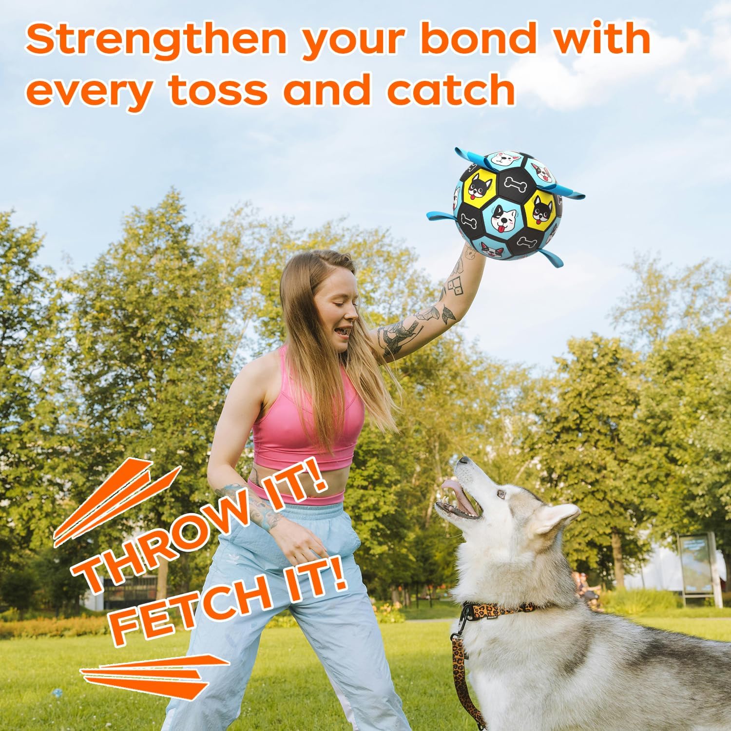 Durable 7 Inch Dog Soccer Ball with Chew-Resistant Straps - Interactive Herding Ball for Medium & Large Dogs - Perfect for Fetch, Training & Outdoor Play - Great Puppy Birthday Gift for Active Pets