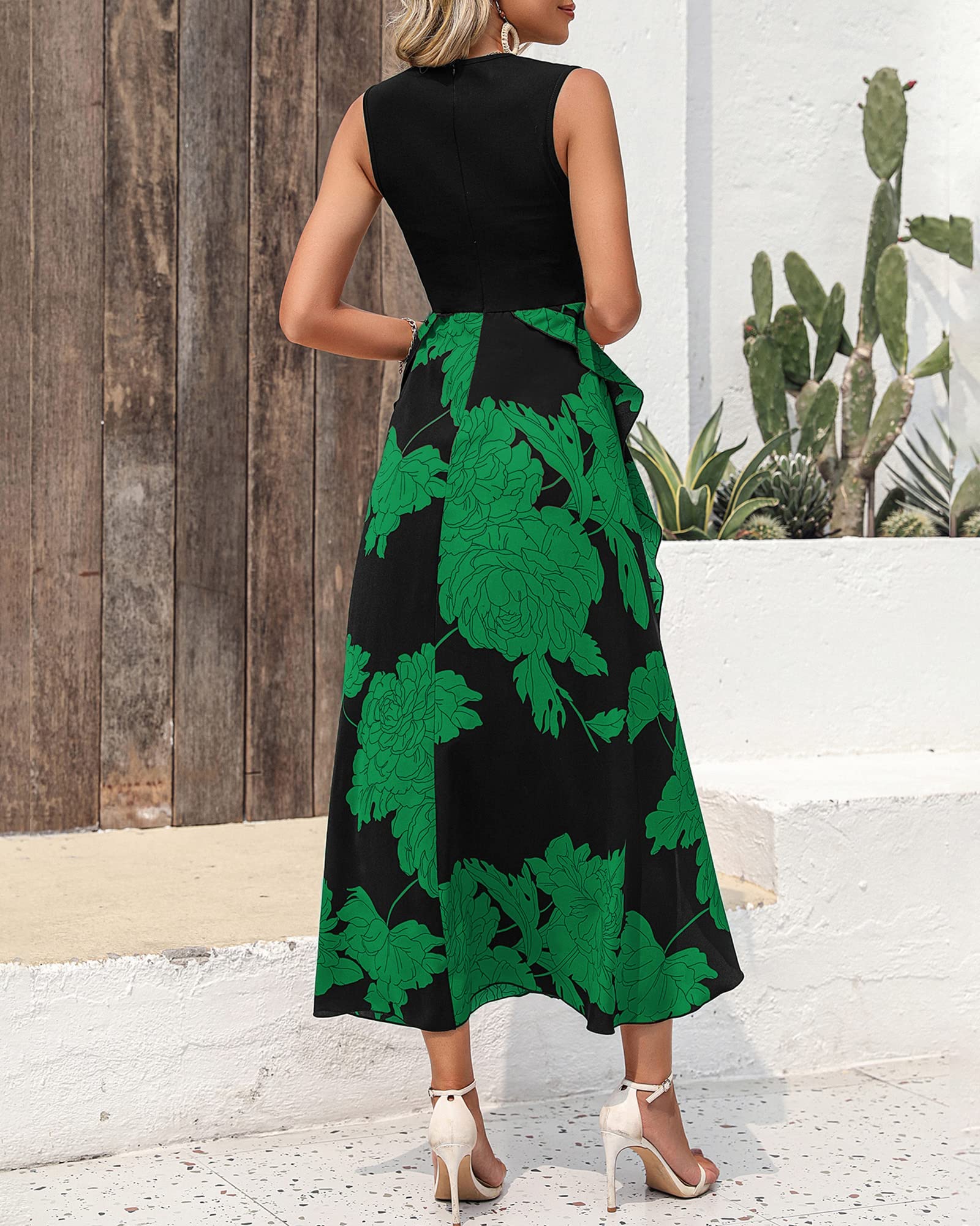 BTFBM Women's Casual Sleeveless Summer Dress 2025 - Boho Floral Patchwork Midi Dress with Ruffles for Spring Cocktail Party | Beach Vacation, Date Night, Summer Outfits