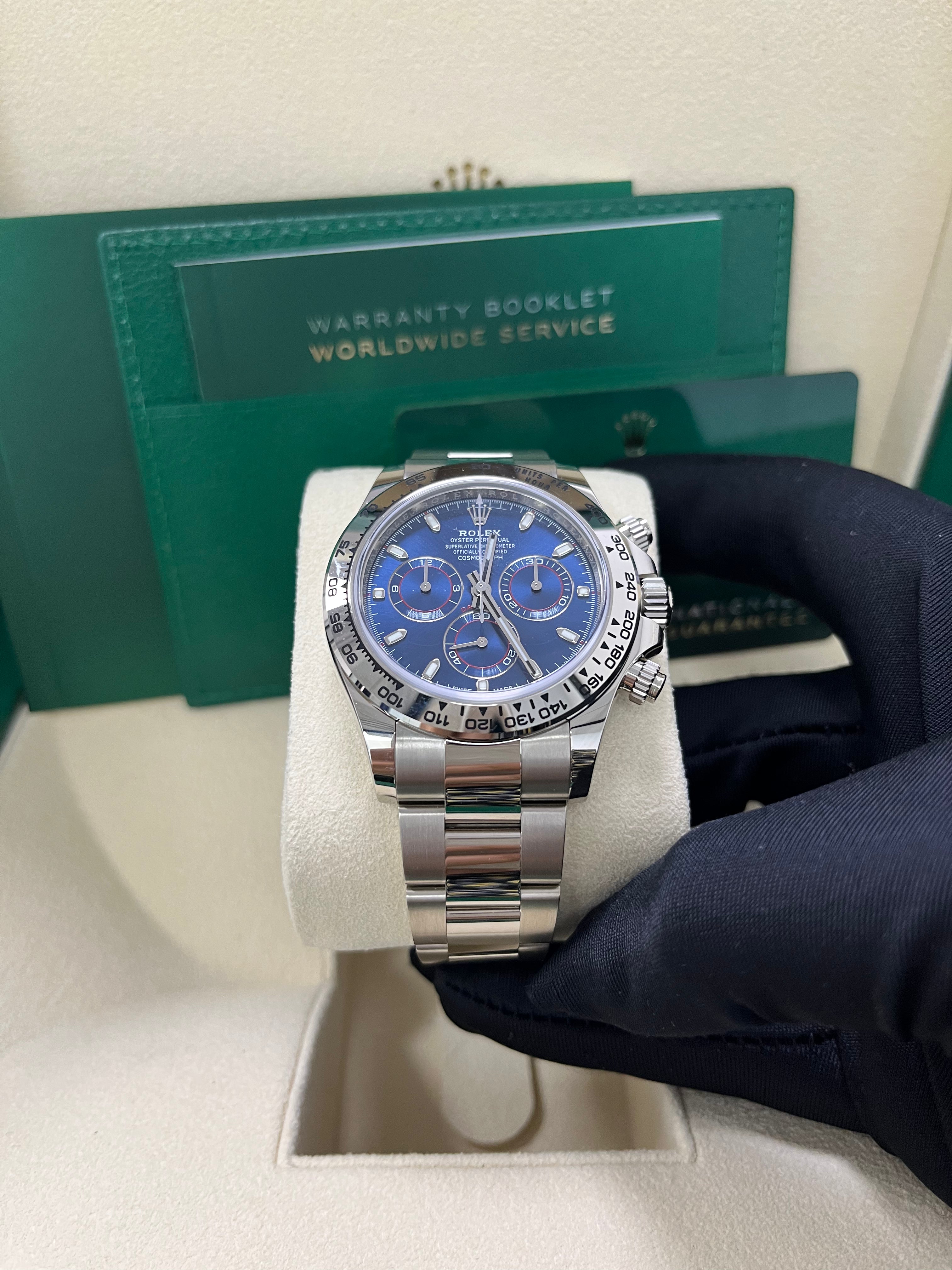 Rolex Daytona 40mm White Gold Cosmograph Watch with Blue Index Dial (Ref# 116509) - Luxury Men's Chronograph for Business, Racing & Special Occasions