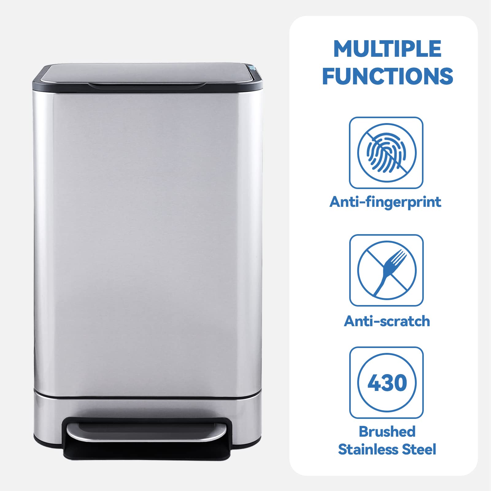 ELPHECO 13.2 Gallon Stainless Steel Trash Can with Soft Close Lid - 50L Pedal Garbage Bin, Removable Inner Bucket - Durable for Kitchen, Office & Outdoor Use - Perfect for Waste Disposal & Home Organization