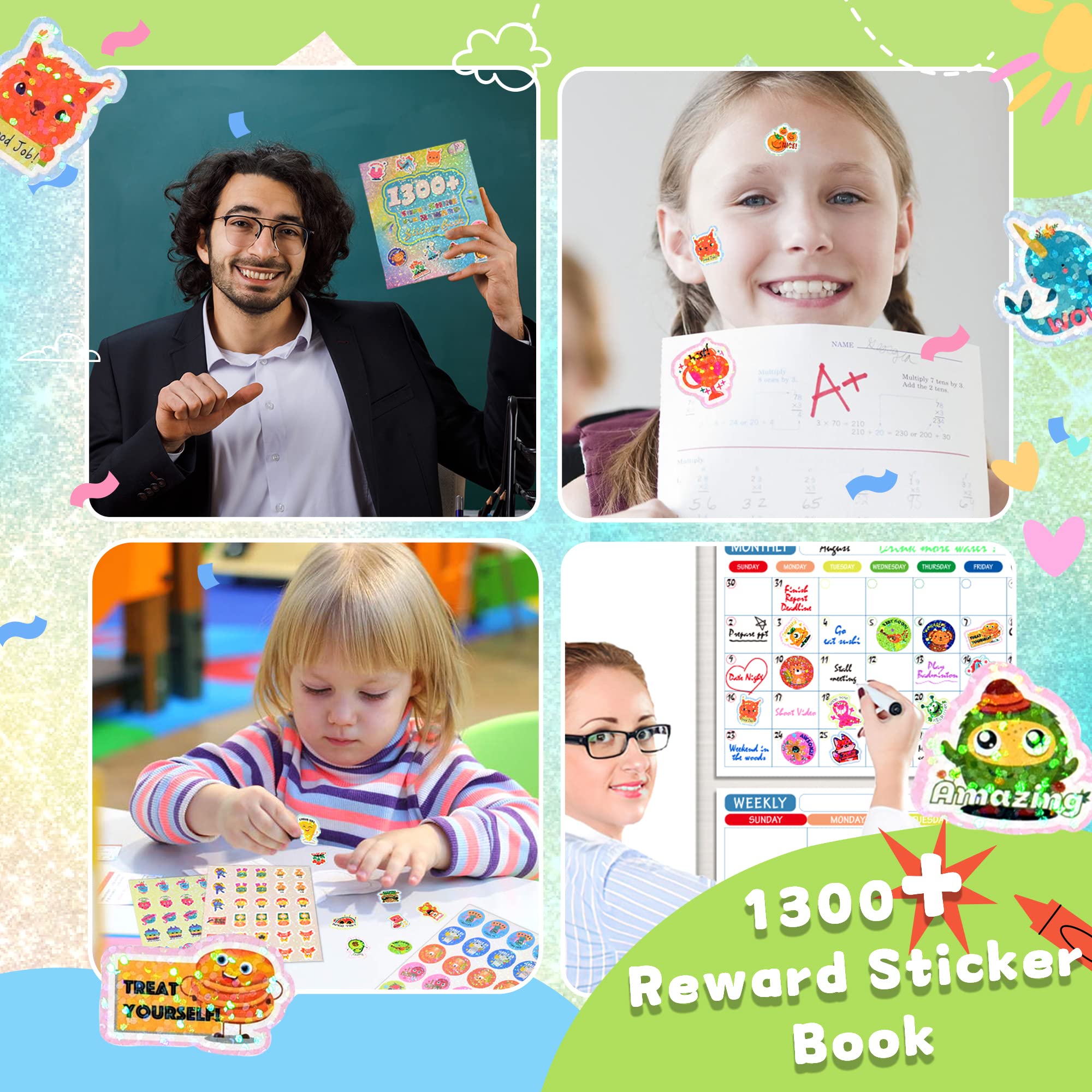 1300+ PCS Glitter Reward Stickers for Kids - Cute Animal & Unicorn Motivational Stickers for Teachers, Classroom Supplies, Toddler Scrapbooking & Arts - Perfect for School Projects, Behavior Charts & DIY Crafts