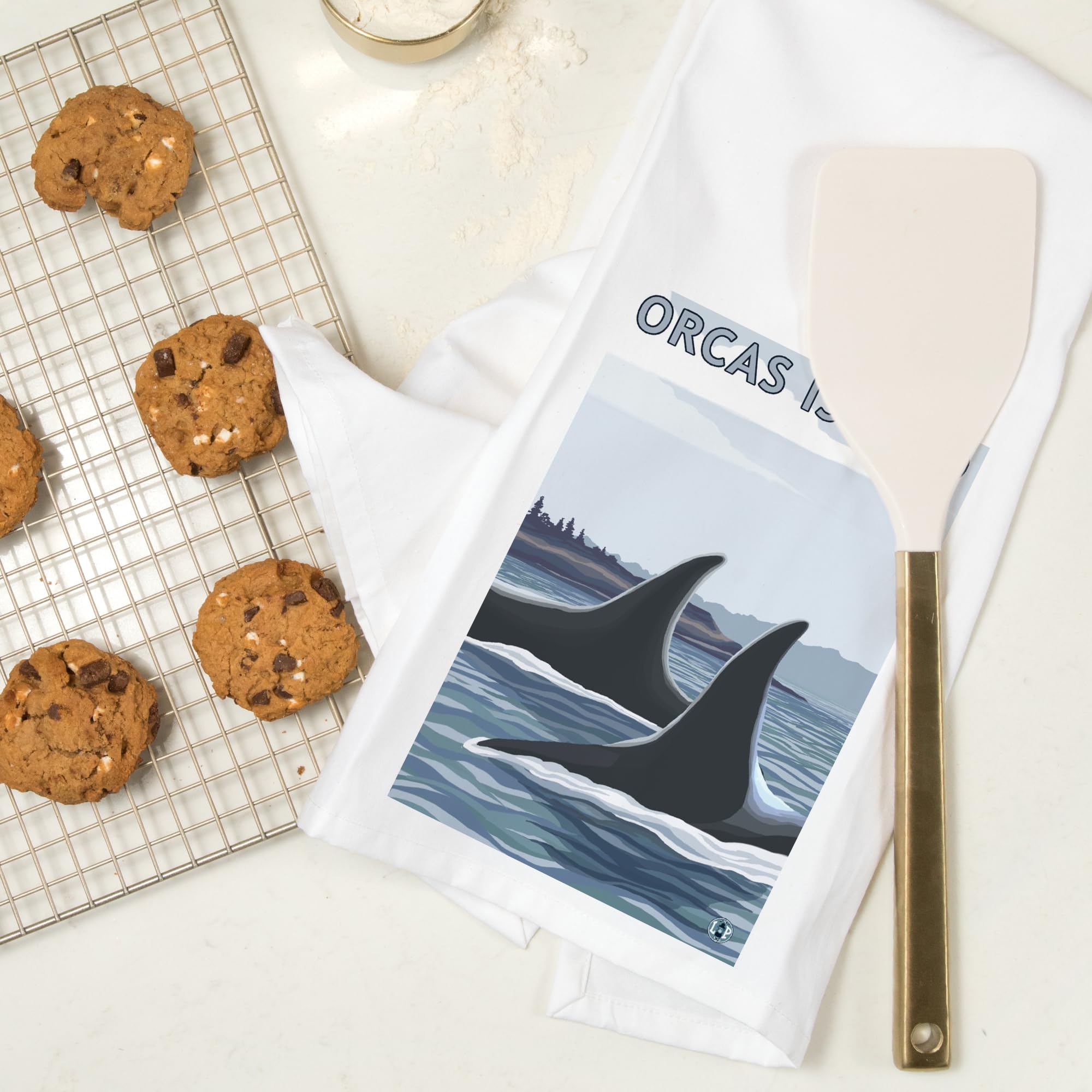 Lantern Press Orcas Island WA Orca Fins 100% Cotton Tea Towel - Decorative Hand Towel for Kitchen & Home Decor - Perfect for Dish Drying, Gift Giving & Coastal Themed Decor
