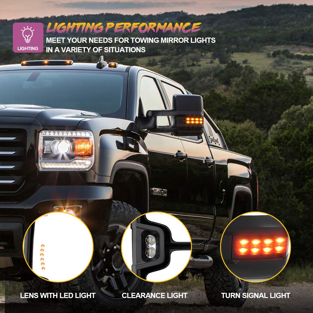 Heated Power-Adjustable Towing Mirrors for 2003-2007 Chevy Silverado & GMC Sierra 1500/2500/3500 (07 New Body Style) - Black Cap, Turn Signal - Perfect for Towing Trailers, Boats & RVs