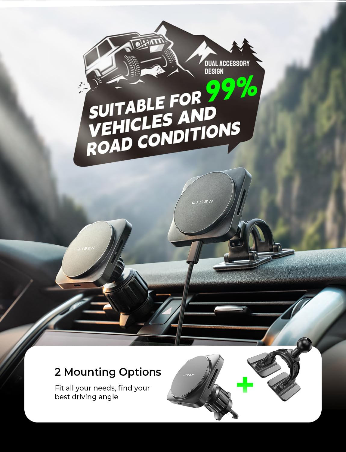 LISEN 15W Magnetic Wireless Car Charger for iPhone 16 Pro Max - Magsafe Car Mount Charger with Air Vent & Dashboard Phone Holder - Compatible with iPhone 15/14/13/12 (Black) | Perfect for Safe Hands-Free Charging While Driving