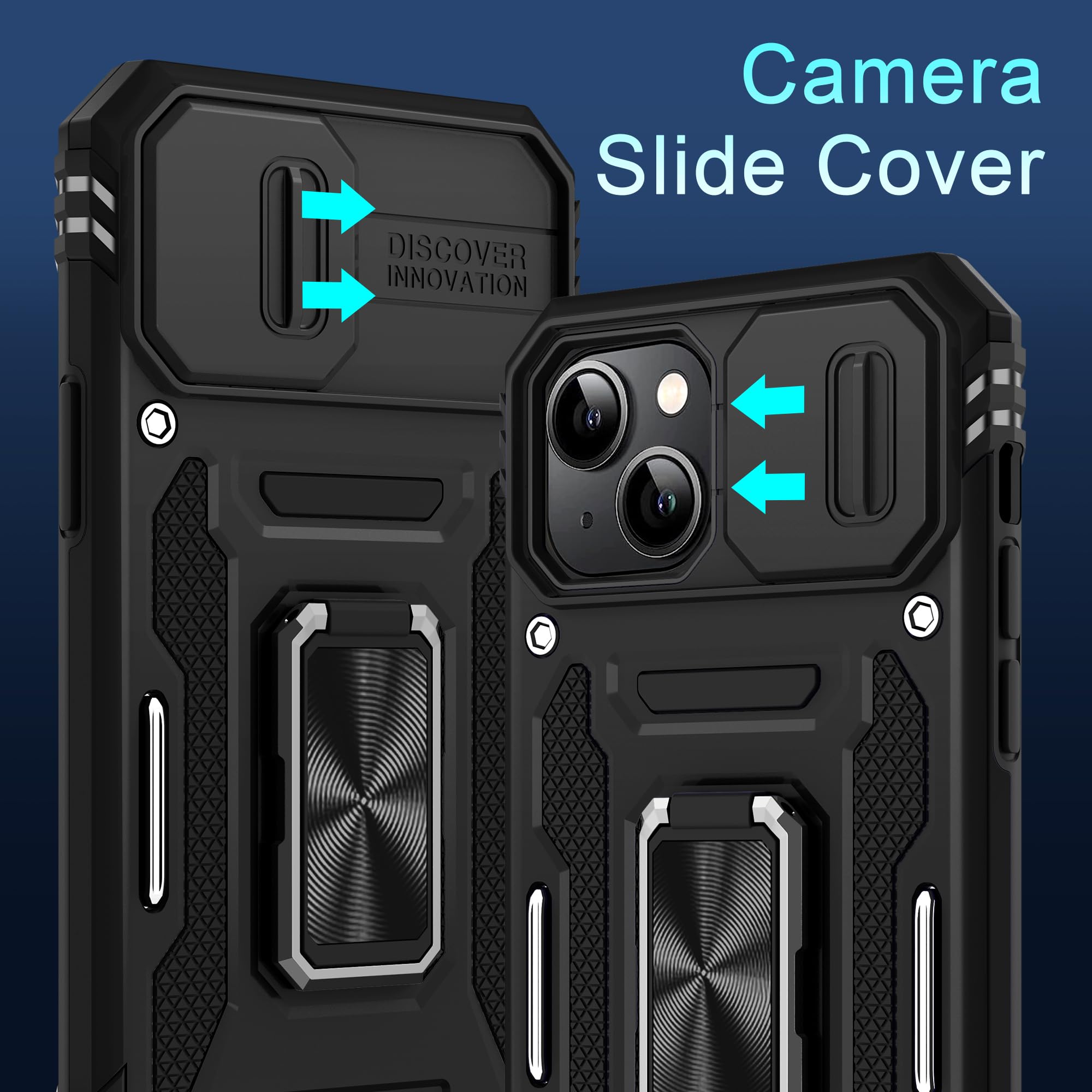 DEERLAMN iPhone 15 Plus Case with Slide Camera Cover & Screen Protector (6.7 Inch) - Military Grade Shockproof Protective Cover with Rotating Ring Kickstand - Black | Perfect for Outdoor Activities, Travel & Daily Protection