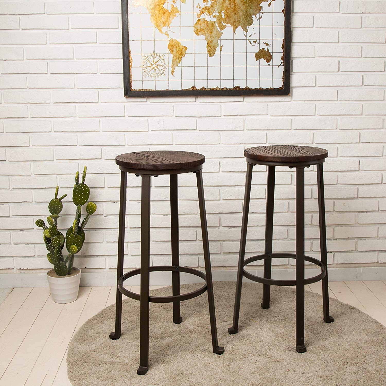 Glitzhome 3-Piece Pub Dining Set - Rustic Steel Square Bar Table with Solid Elm Wood Top & Matching Bar Stools for Breakfast Nook, Living Room, Small Space or Restaurant | Perfect for Kitchen Islands, Outdoor Patios & Bistro-Style Dining