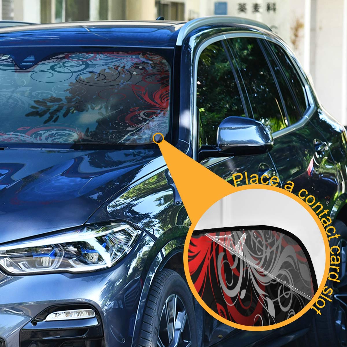 Universal Fit Black Red Floral Car Windshield Sun Shade - UV & Heat Reflective Sunshade to Keep Vehicle Cool | Summer Car Accessories for Sun Protection & Temperature Control