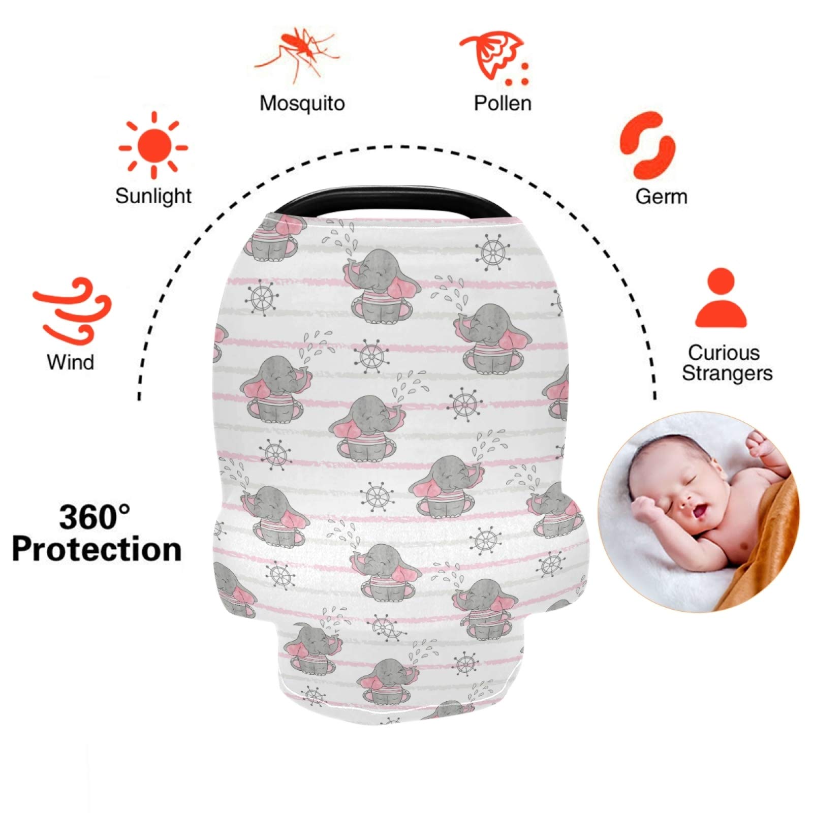 Stretchy Baby Car Seat Cover for Boys & Girls - Soft Elephant Print Infant Car Canopy & Nursing Cover - Perfect for Breastfeeding, Stroller & Shopping Trips