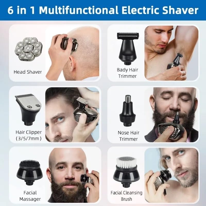 6-in-1 4D Electric Head Shaver for Bald Men - Upgraded 9 Floating Heads, Rechargeable & Waterproof Wet/Dry Shaver - Perfect for Home, Travel and Gym Use
