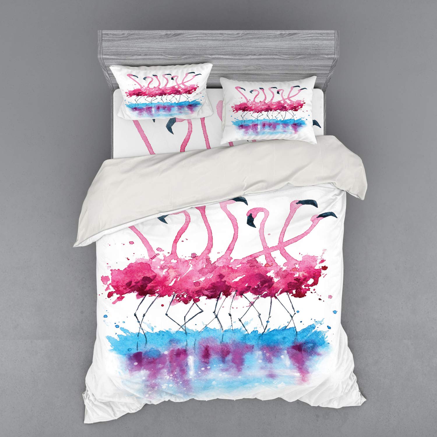 Ambesonne Flamingo Love Birds Duvet Cover Set - 4 Piece Queen Size Bedding with Shams & Fitted Sheet, Watercolor Feather Romance Design in Pink Blue Purple | Tropical Bedroom Decor, Bird Lover Gift, Boho Chic Home Styling