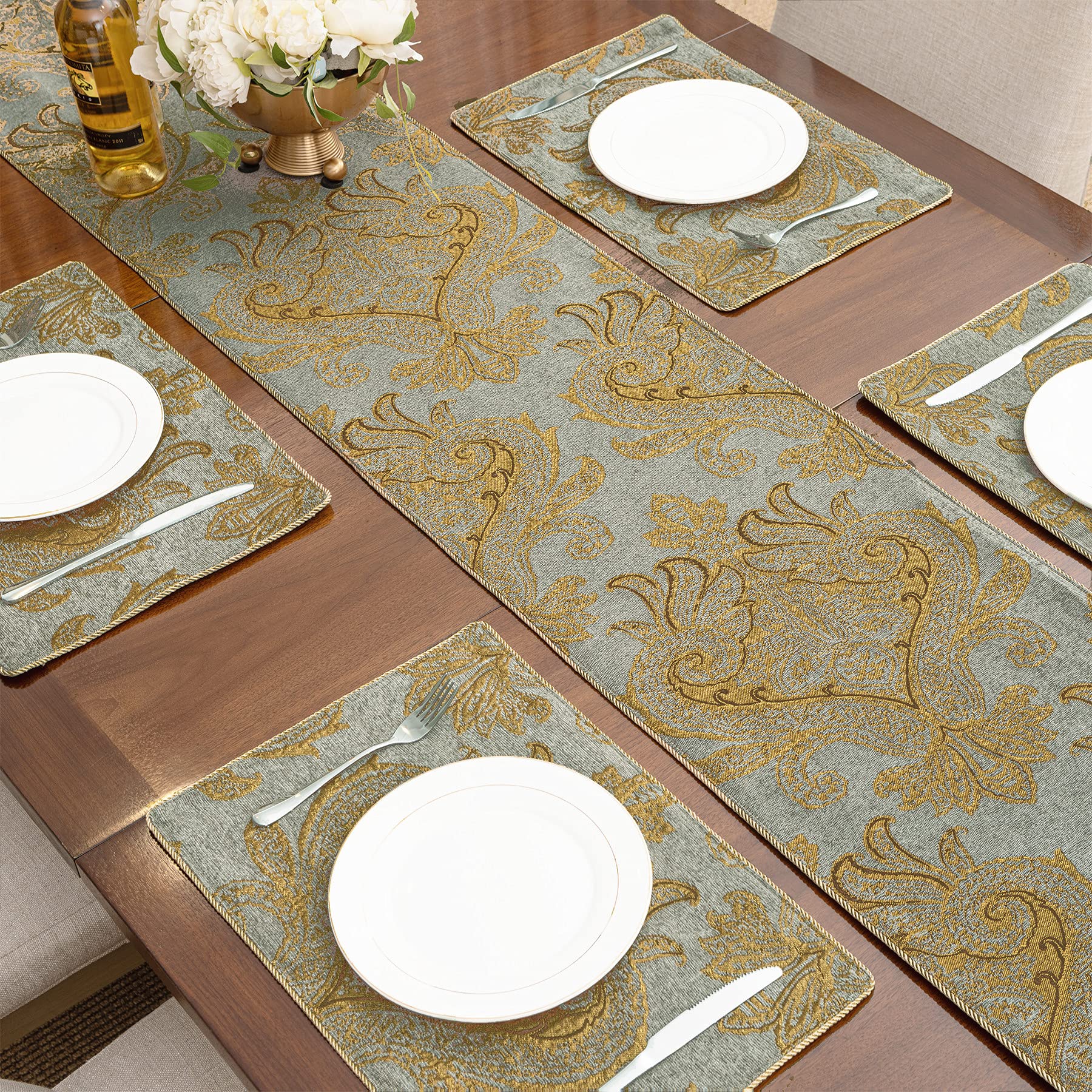 Luxury 108-Inch Table Runner Set of 8 - Handmade Damask Jacquard Table Place Mats with Multi-Tassels & Double-Layer Design - Perfect for Dining Tables, Dressers, Parties & Banquet Decorations | Elegant Home & Event Decor