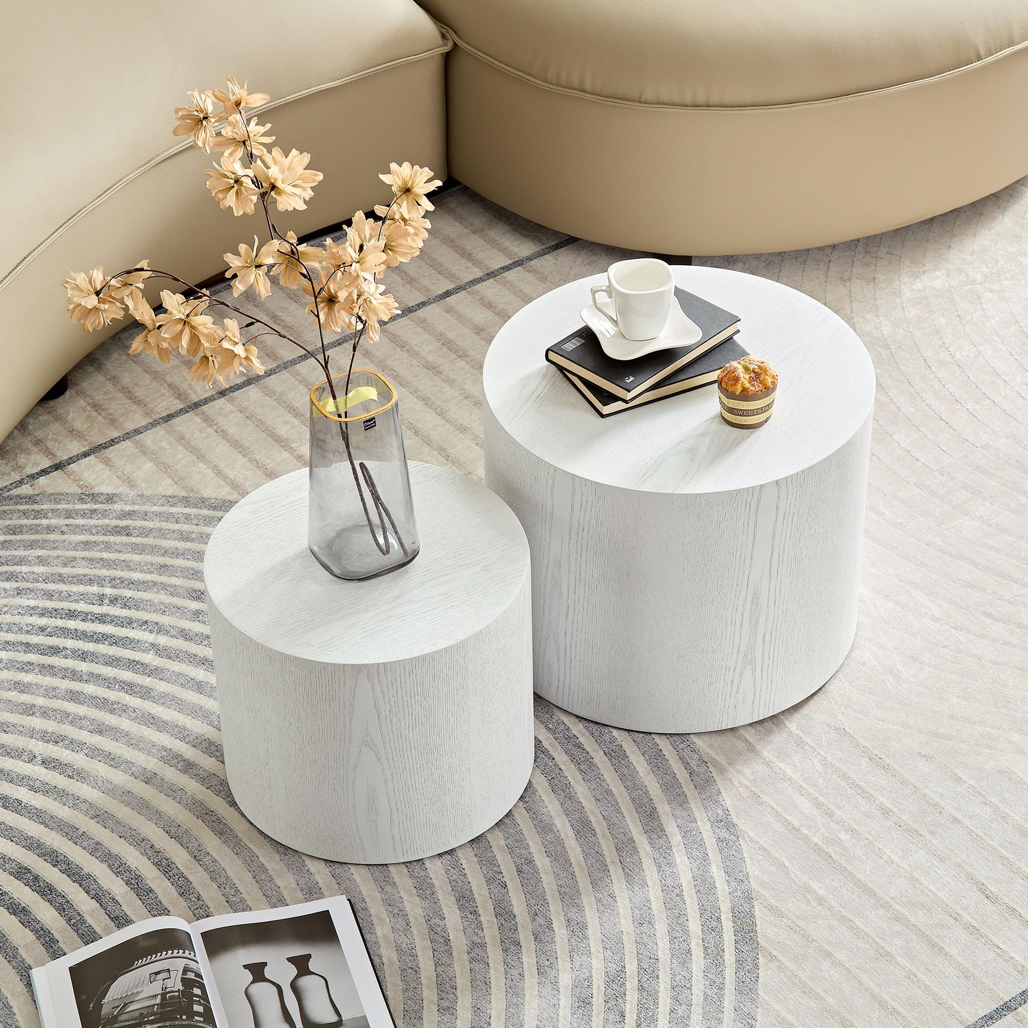 White Nesting Coffee Table Set of 2 - Round Wood Drum Side & End Tables for Living Room | Modern Contemporary Small Space Furniture for Apartment, Lounge & Office