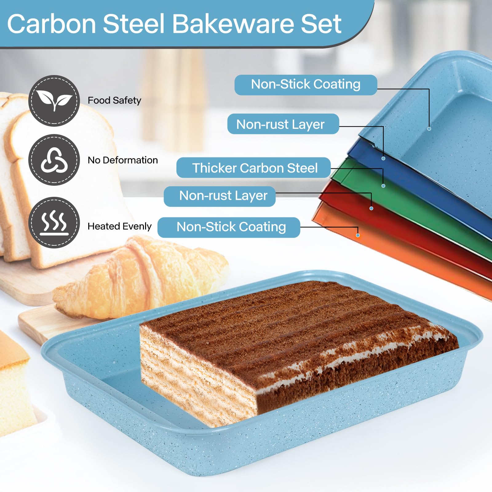 6-Piece Nonstick Baking Pans Set - Carbon Steel Oven Bakeware with Stackable Design - Easy to Use Blue Baking Sheet Set for Cookies, Cakes & Bread - Perfect for Home Kitchen & Holiday Baking