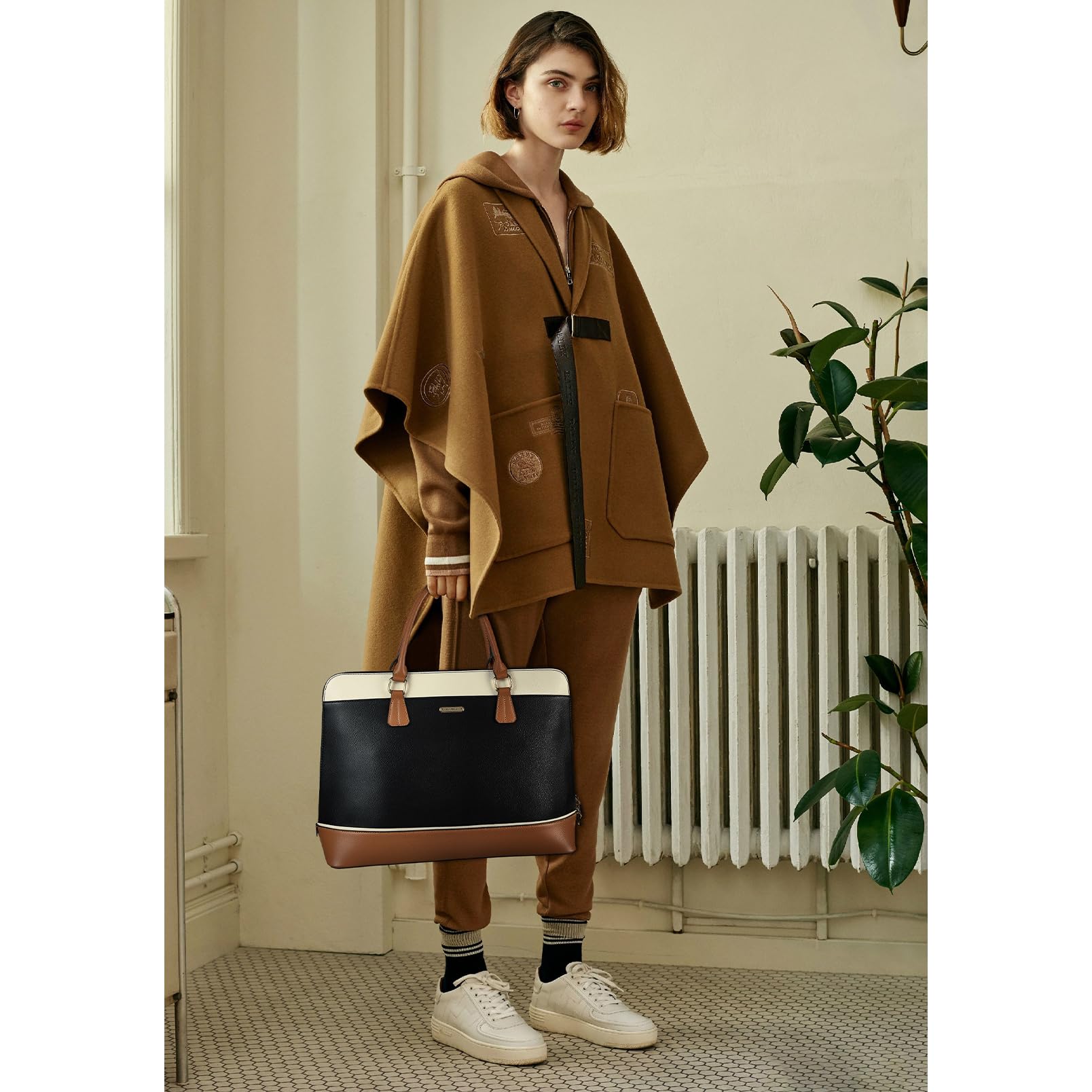 Telena 15.6 Inch Leather Laptop Tote Bag for Women - Professional Shoulder Briefcase with Large Capacity, Stylish Black & Brown Handbag (TLB0122204-01) - Perfect for Work, Business Meetings & Travel