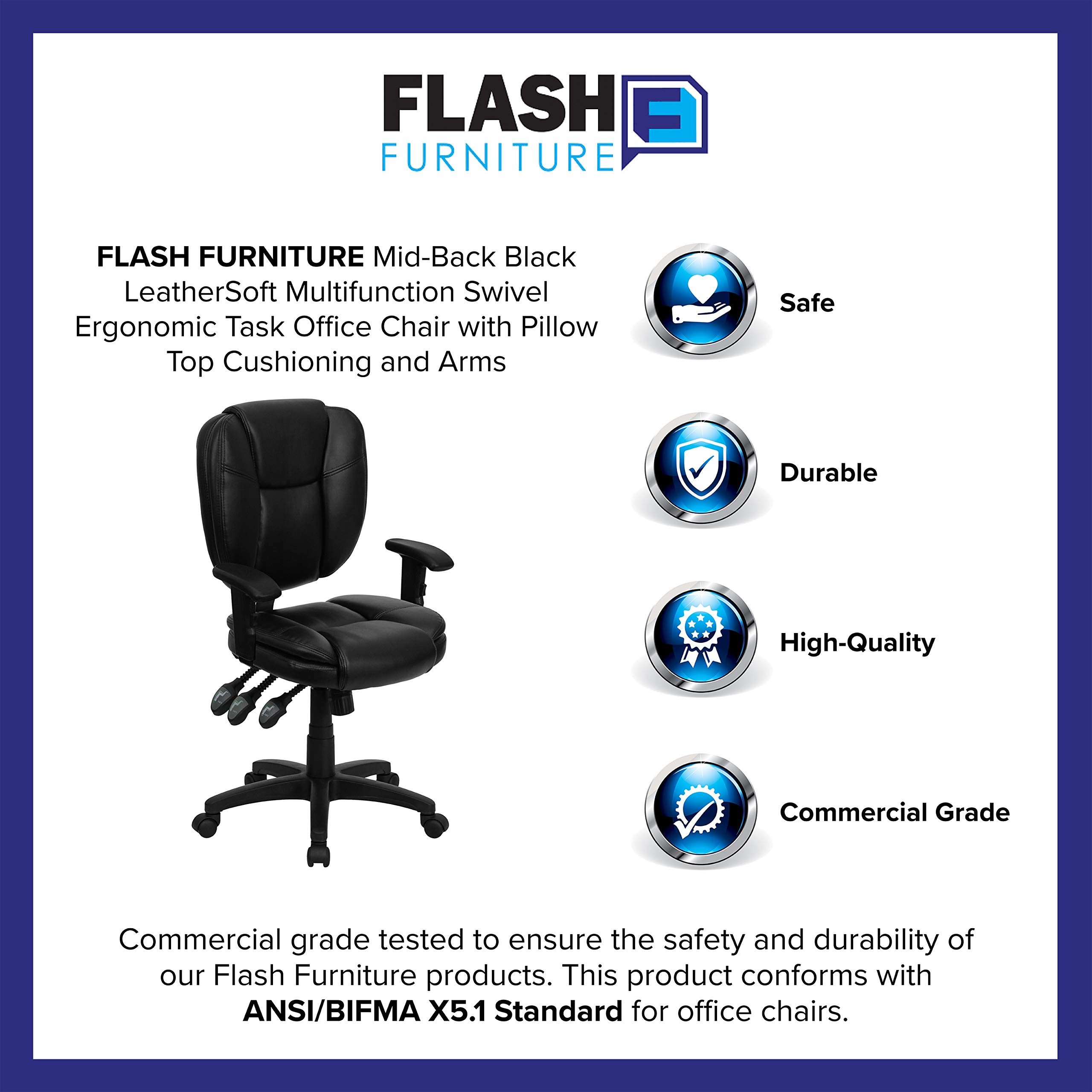 Premium Ergonomic Office Chair - Flash Furniture Caroline Mid-Back Black LeatherSoft Swivel Task Chair with Lumbar Support & Adjustable Arms for Home Office, Gaming, and Workspace Comfort