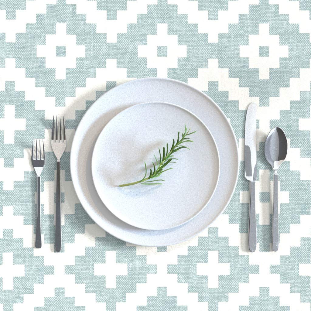 Custom Geometric Stripe Southwestern Boho Cotton Sateen Tablecloth 70x144 Inches - Light Blue & White Arrow Print for Dining Room, Nursery Decor & Boho Chic Home Styling