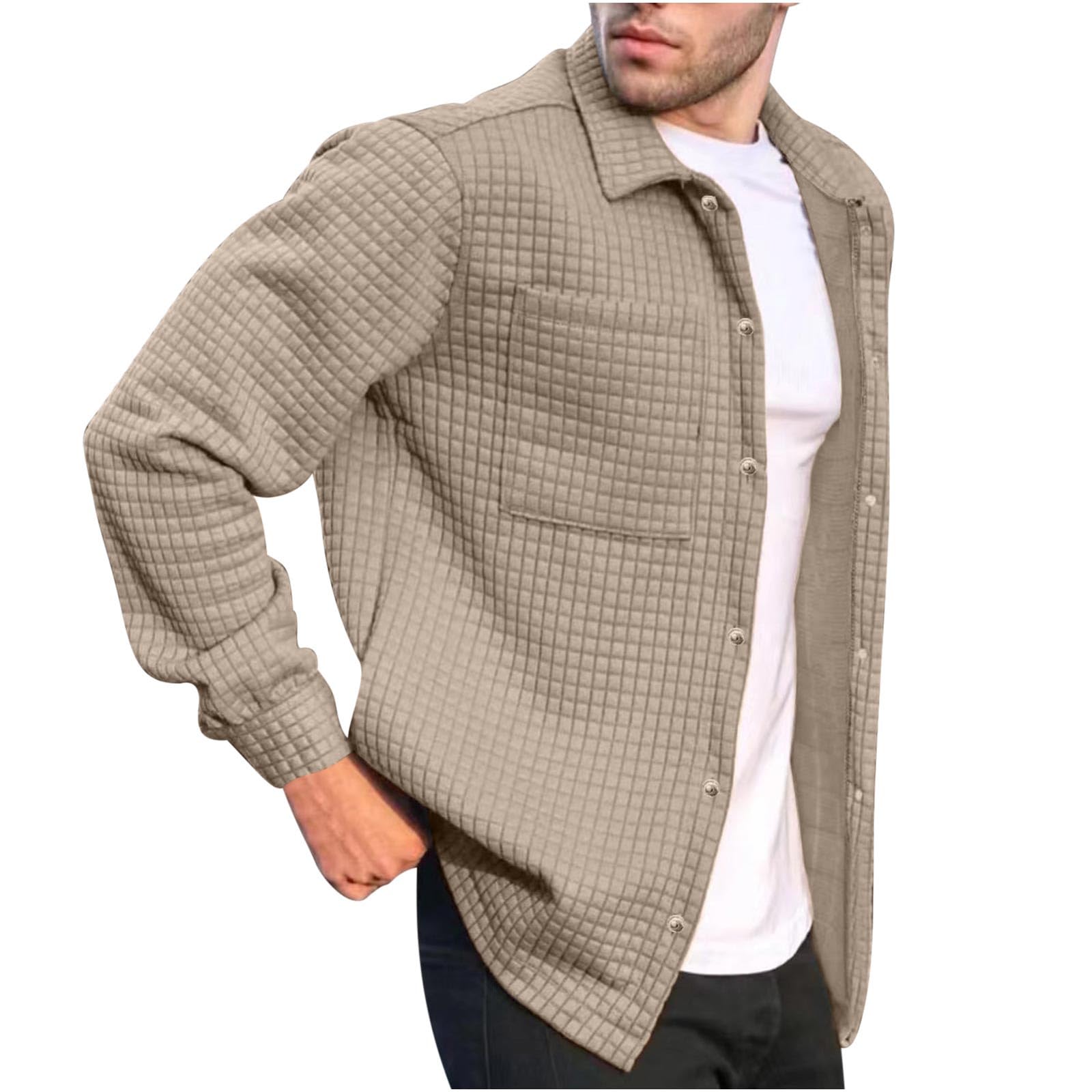 Men's Waffle Knit Long Sleeve Button Down Shirt Jacket - Stylish Cardigan Coat with Pockets for Casual Wear & Outdoor Activities