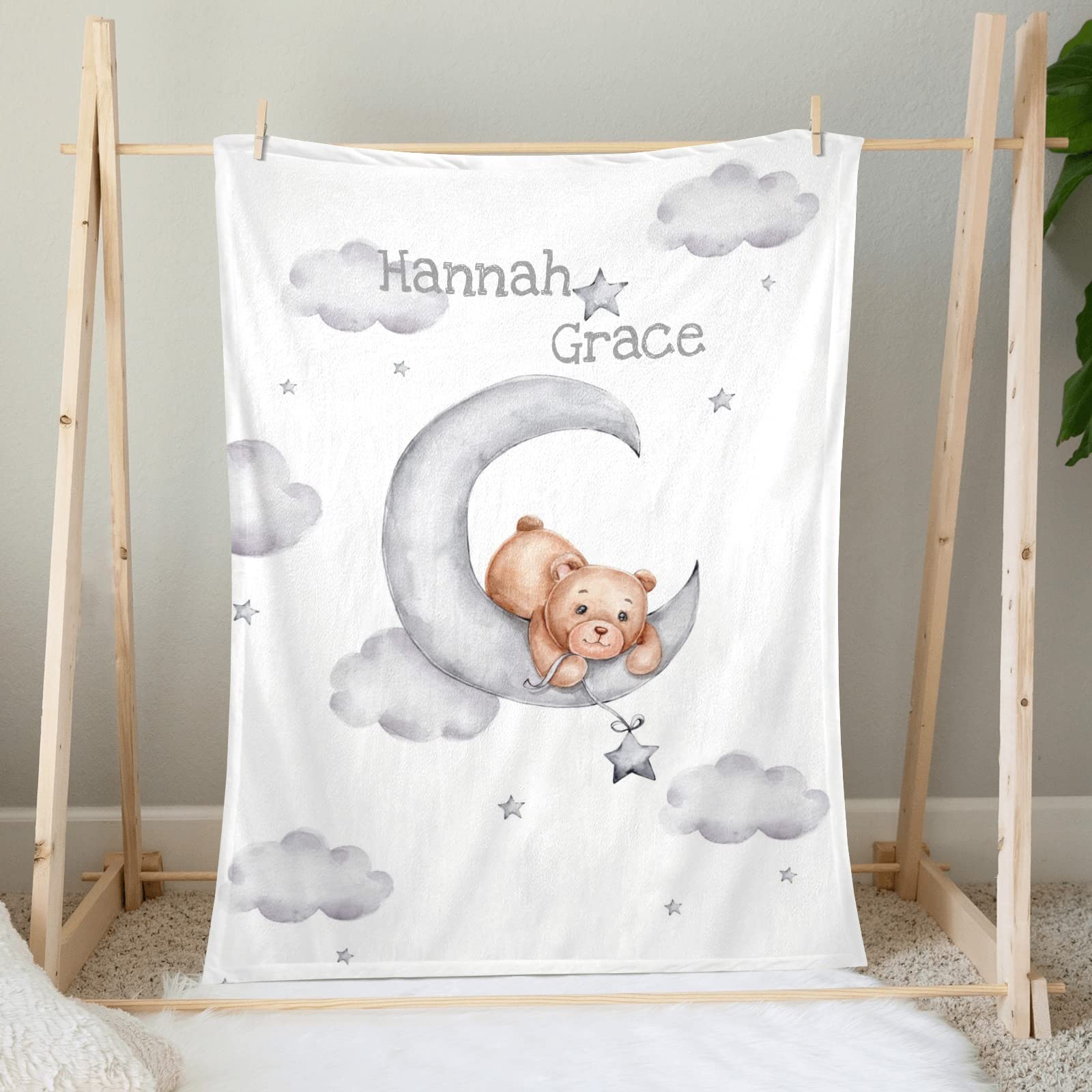 Personalized Baby Blanket with Soft Teddy Bears, Moon & Stars - Custom Name Blanket for Baby Shower, Nursery, Toddler Bed, Stroller & Crib - 30x40 Inch Cozy Blanket for Newborns, Infants & Kids Gift