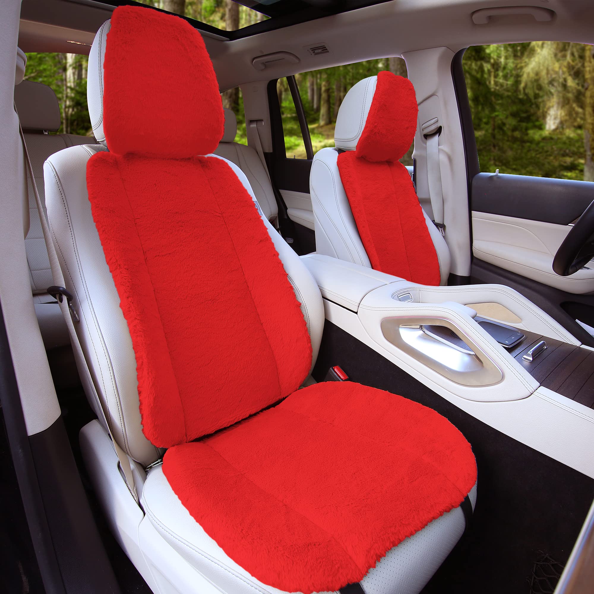 TLH Red Doe16 Faux Rabbit Fur Car Seat Cushions - Ultra Soft & Luxurious for Most Cars, Trucks, SUVs & Vans - Perfect for Winter Comfort & Long Road Trips