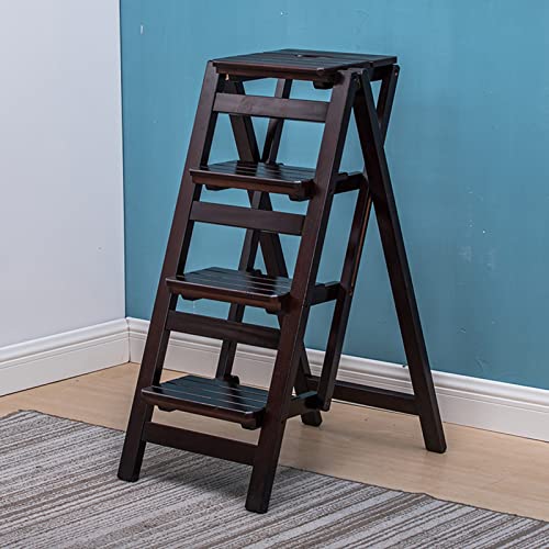 4-Step Wooden Folding Ladder Chair - Sturdy Black Walnut Multi-Purpose Step Stool for Kitchen, Office, Library & Home Use | Space-Saving Shelf & Climbing Aid