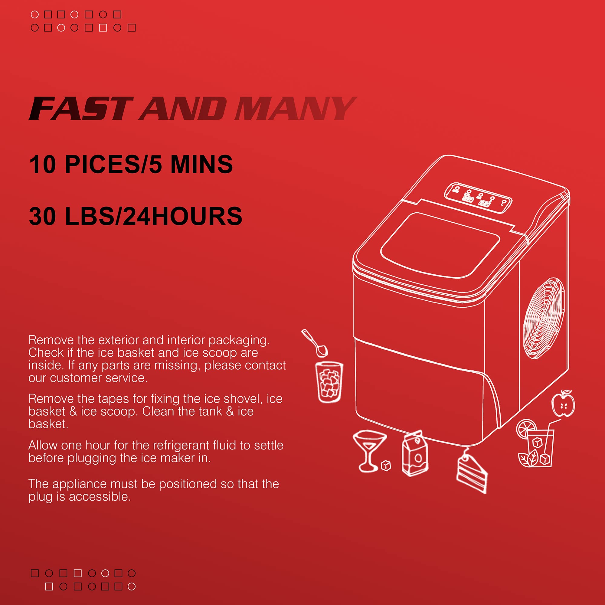 Commercial Ice Maker Machine 100Lbs/Day - Stainless Steel Ice Machine with 48Lbs Storage Capacity - Perfect for Restaurants, Bars, Offices & Home Use - Includes Ice Scoop - Great for Cocktails, Beverages & Food Presentation