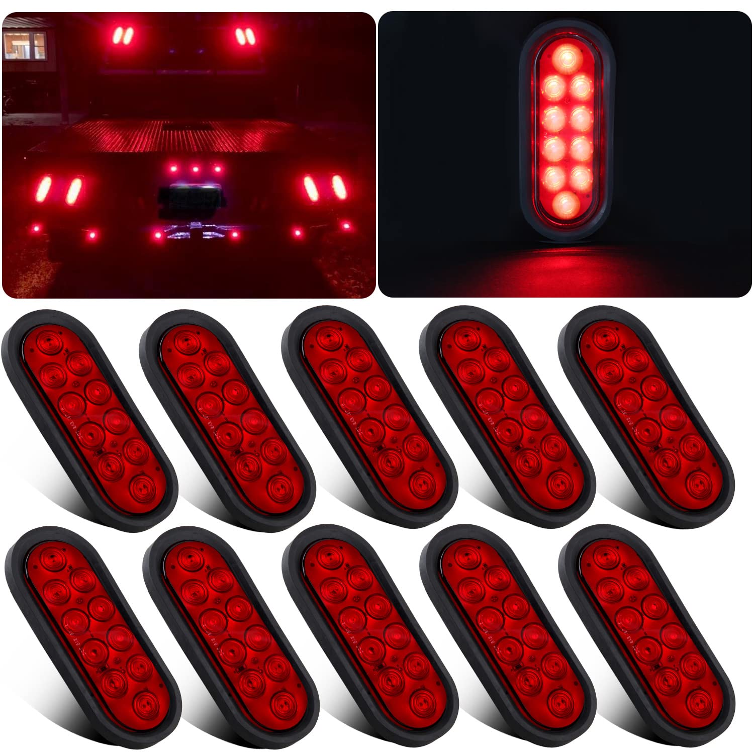 6 Inch Oval LED Trailer Tail Lights - 10 LED Red Stop Turn Brake Lights, Waterproof Sealed Flush Mount with Rubber Grommets & 3 Prong Pigtail Plug (10 Pack, 12V) - Perfect for Semi Trucks, Trailers, RVs & Commercial Vehicles