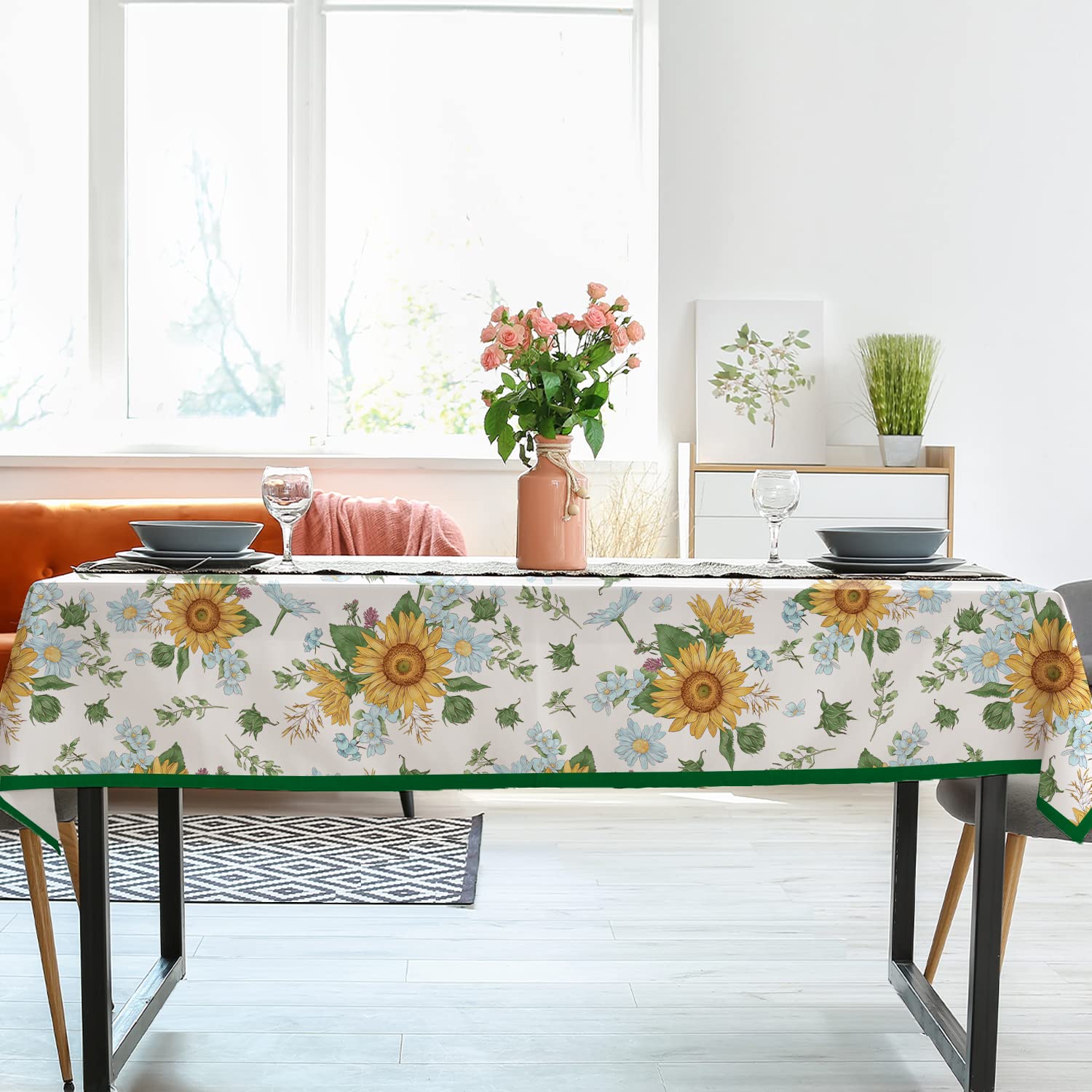 Sunflower Tablecloth - Yellow Floral Waterproof Fabric, Wrinkle-Free & Durable for Rectangle Tables 60x84, 60x102, 60x120 Inch - Perfect for Outdoor Picnics, Garden Parties, and Indoor Dining Decor