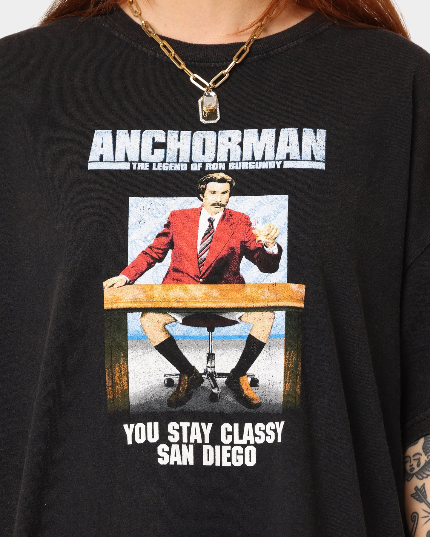 Vintage American Thrift X Anchorman Graphic T-Shirt - Black Washed Cotton Tee for Casual Wear & Movie Fans