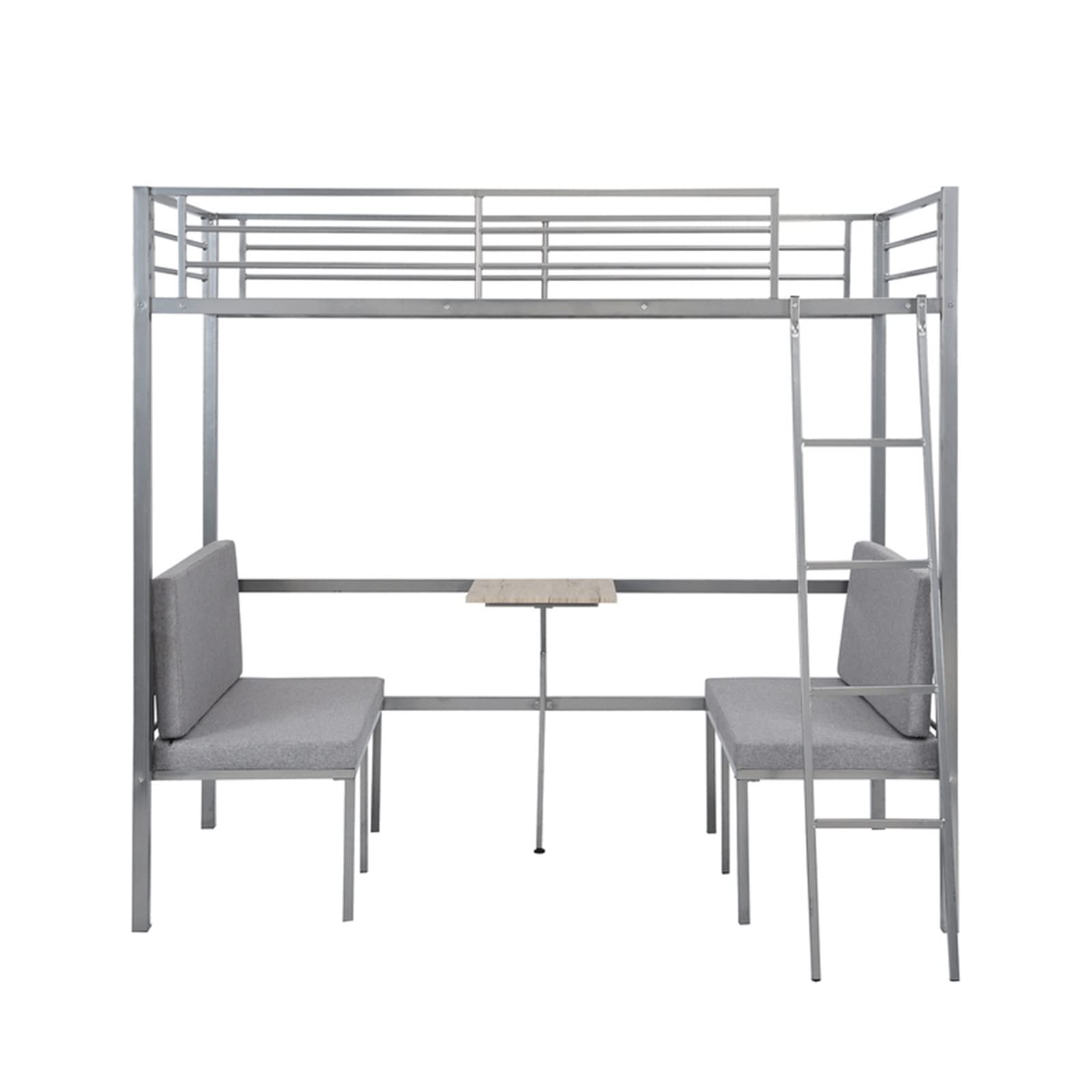 Silver Metal Twin Over Loft Bunk Bed with Ladder & Built-in Computer Desk - Space-Saving Twin Size Bed Frame with Wooden Table & Upholstered Chairs (Silver) - Perfect for Small Bedrooms, Dorm Rooms & Gaming Setups