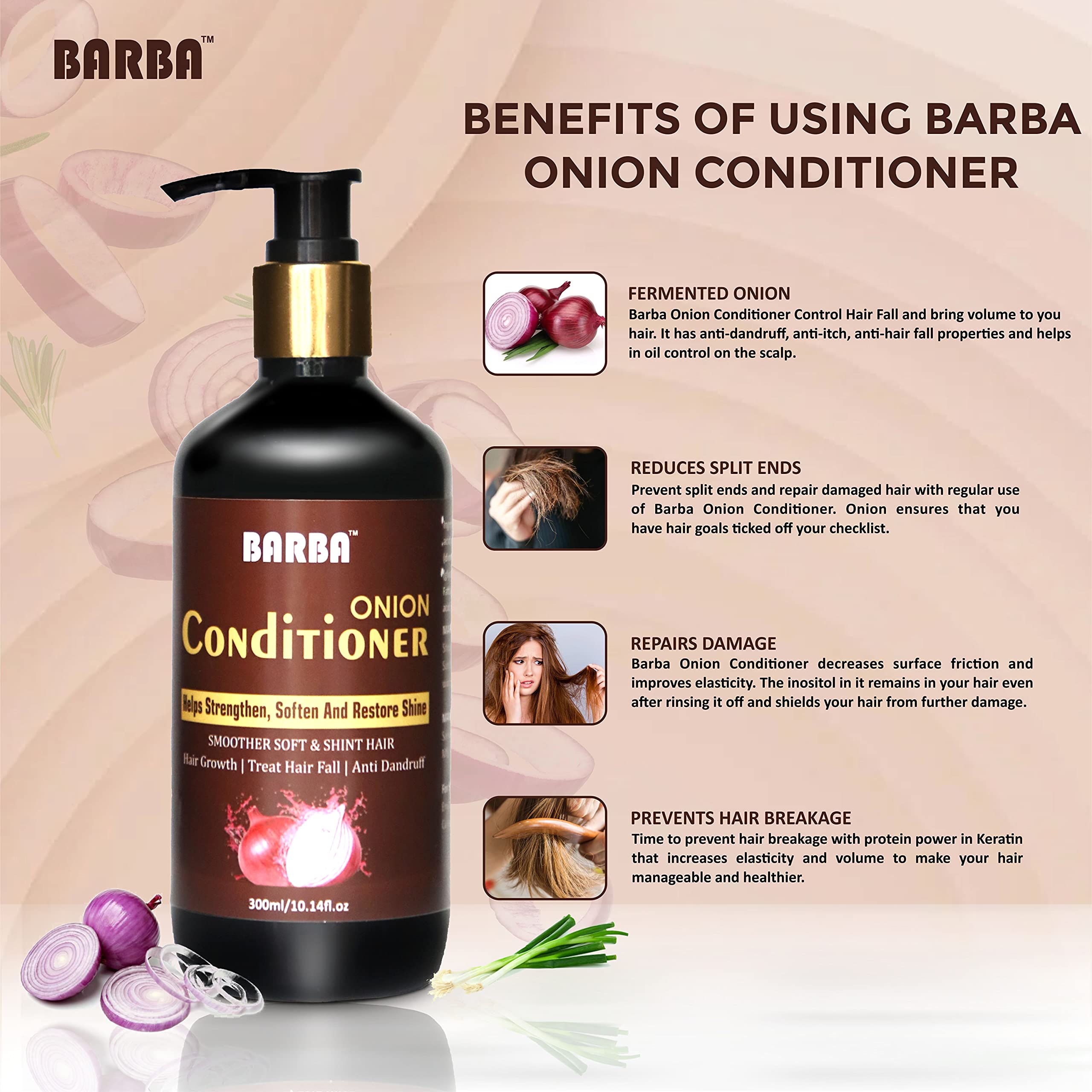 Barba Red Onion Hair Conditioner 300ml - Strengthens, Softens & Restores Shine for Women & Men - Ideal for Damaged, Dry & Frizzy Hair Care at Home or Salon