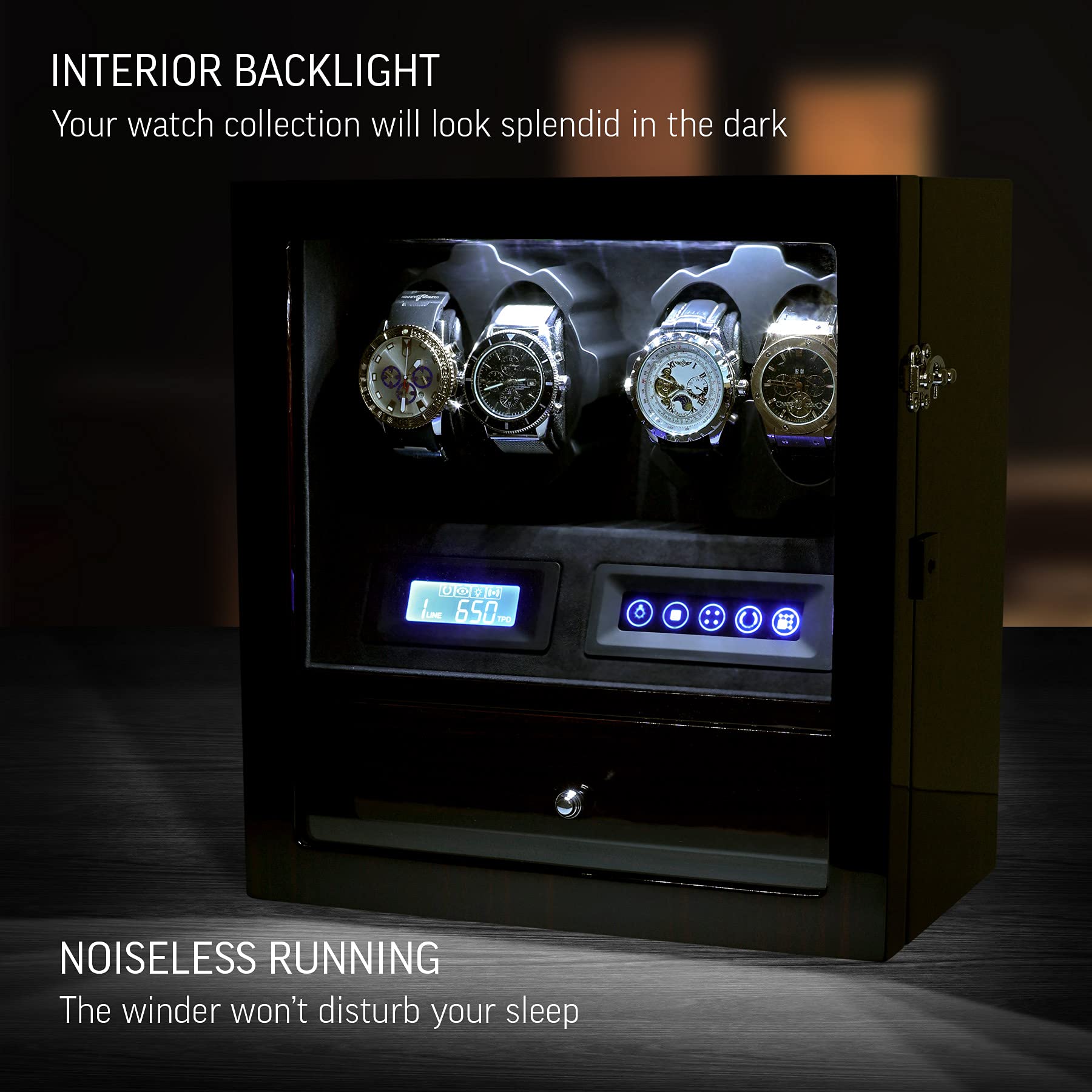 4 Watch Winder Box with 5 Watch Storage - Automatic Winder with LCD Display, Touch Control & LED Interior Light - Perfect for Watch Collectors & Luxury Watch Storage