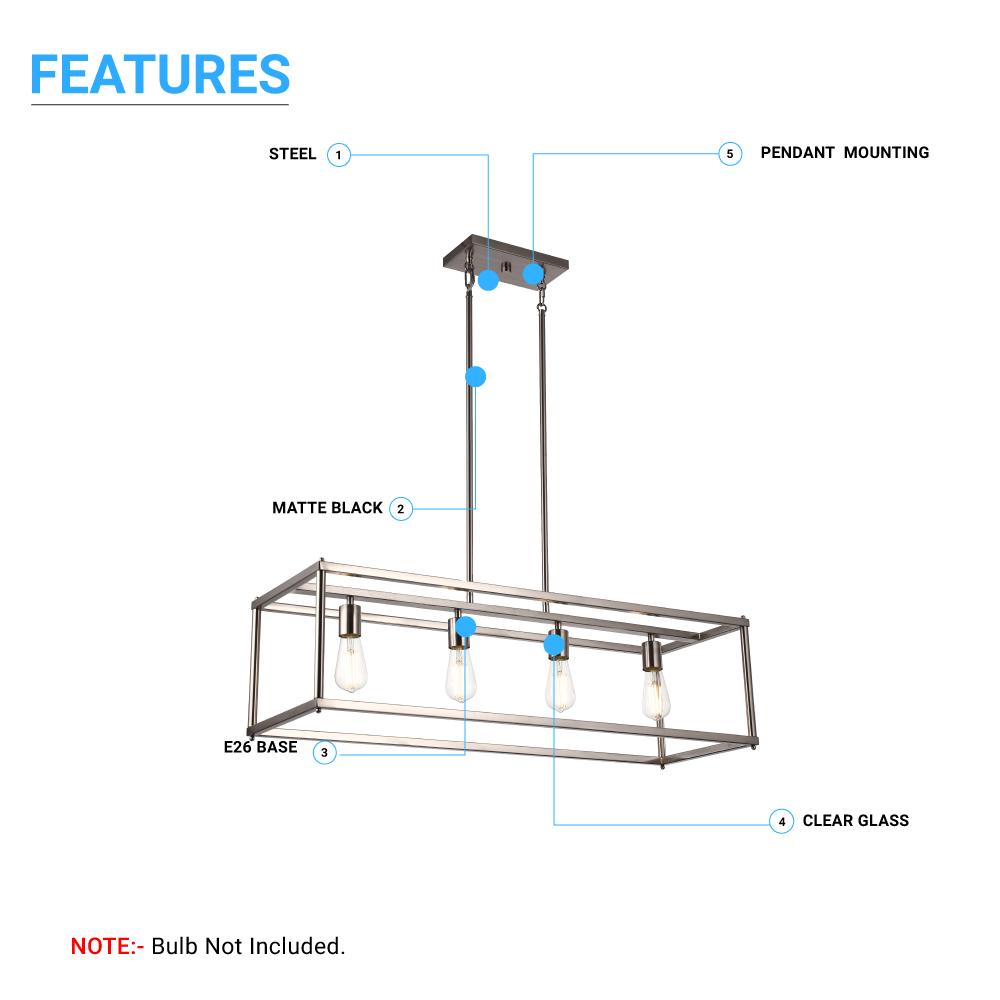 4-Light Linear Chandelier for Damp Locations - Open Frame Rectangle Ceiling Light Fixture with E26 Base - UL Listed & 3-Year Warranty - Perfect for Kitchens, Dining Rooms, and Modern Living Spaces