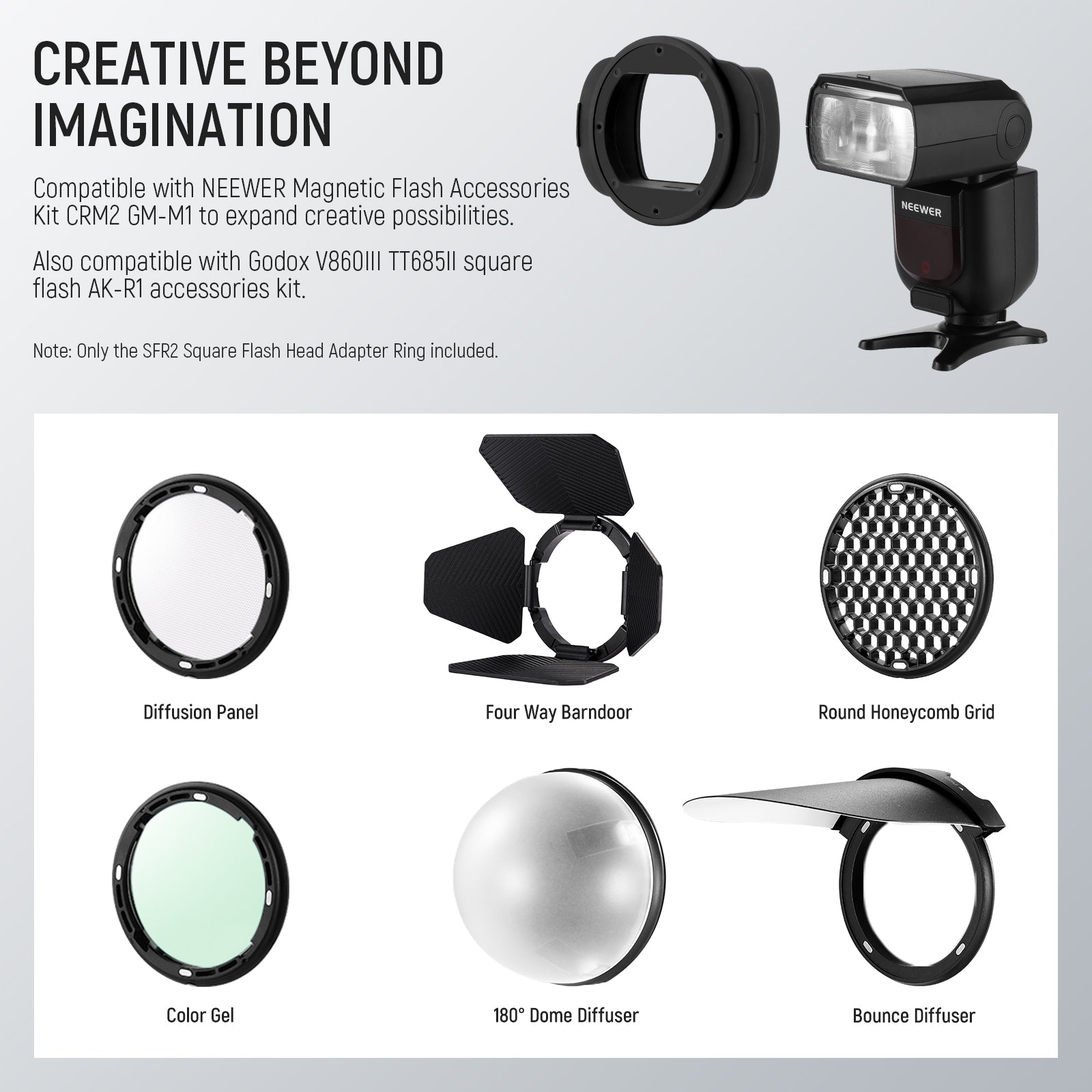 NEEWER SFR2 Silicone Square Flash Head Adapter Ring - Compatible with Speedlights & Studio Strokes - Perfect for Photography, Videography & Creative Lighting Setups