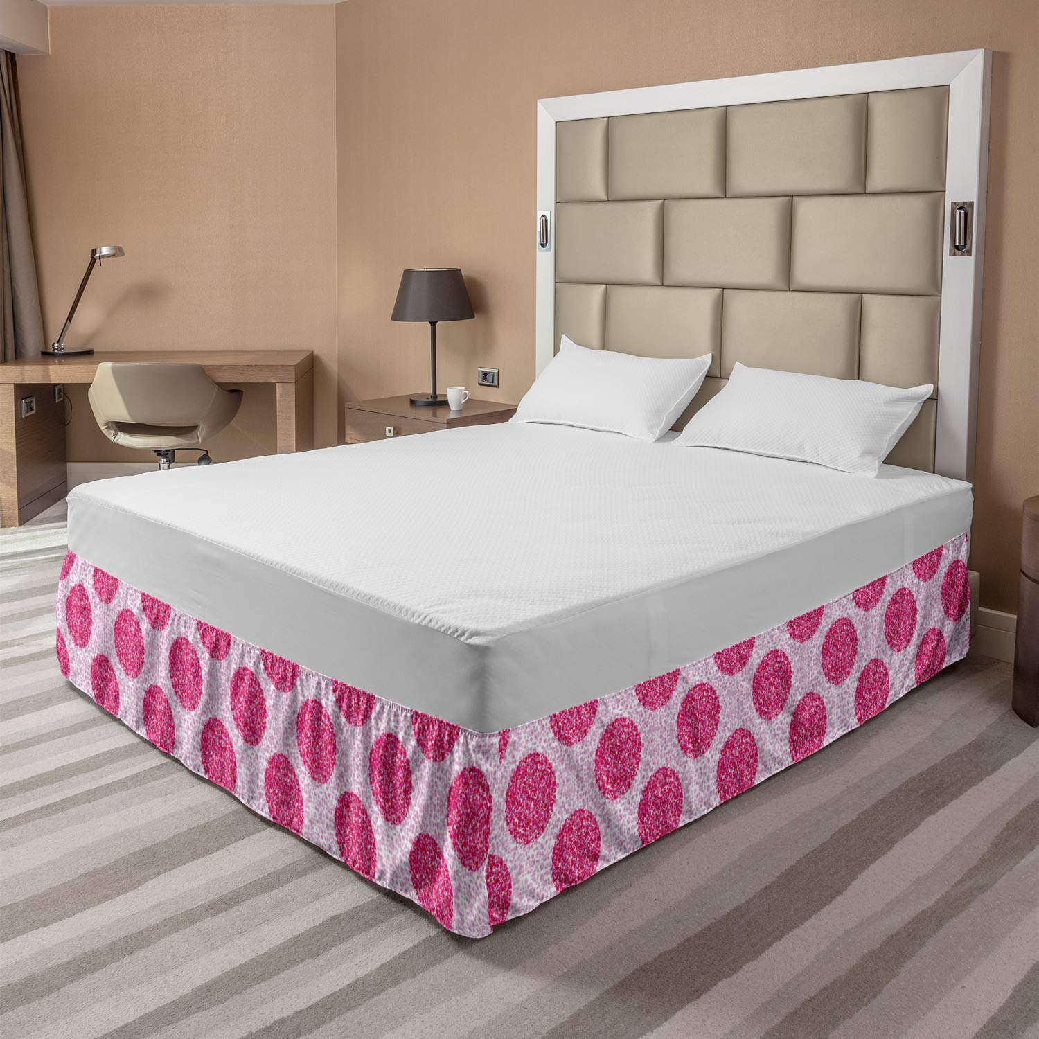 Ambesonne Abstract Elastic Bed Skirt - Large & Small Polka Dot Round Bubble Design, Wrap Around Fabric Dust Ruffle for Queen Size Bed, Pink Fuchsia - Perfect for Modern Bedroom Decor & Guest Room Styling