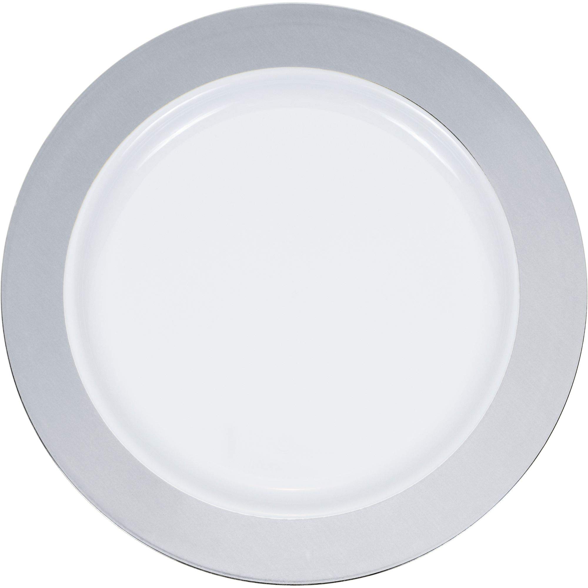 Club Pack of 120 White & Silver Metallic Rim Disposable Plastic Round Party Plates 10 Inch - Perfect for Birthday Parties, Weddings, Baby Showers & Special Events