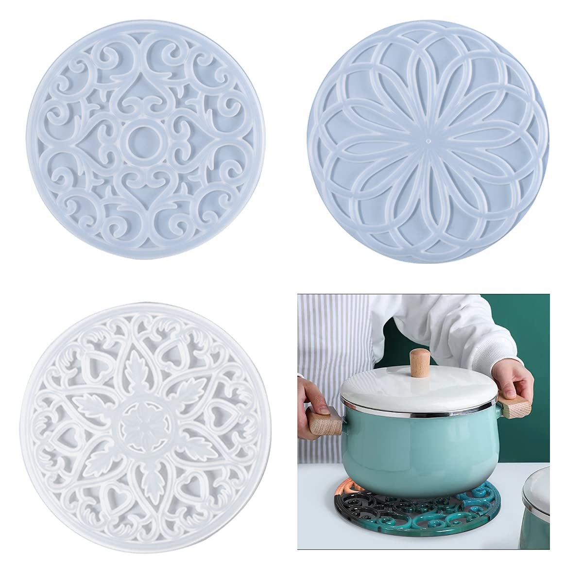 3-Piece Large Silicone Coaster Molds for Resin Casting - Round Mandala Epoxy Molds Set for DIY Carved Hollow Cup Mats - Perfect for Home Decor, Gifts & Craft Projects