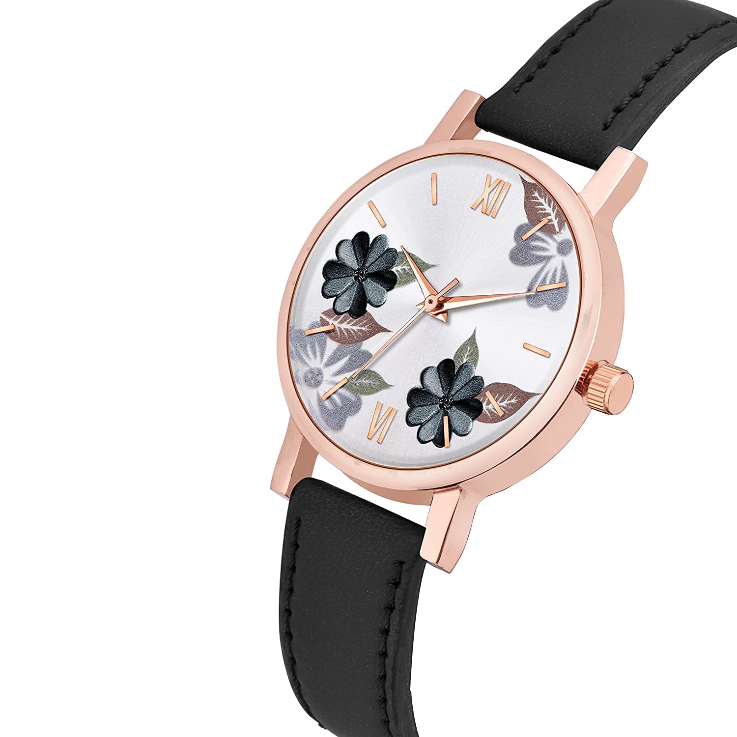Elegant Floral Analog Watch for Women & Girls - Leather Strap Dress Watch with Flower Pattern Dial (Black & Brown, Set of 2) | Perfect for Daily Wear, Office, Dating & Special Occasions