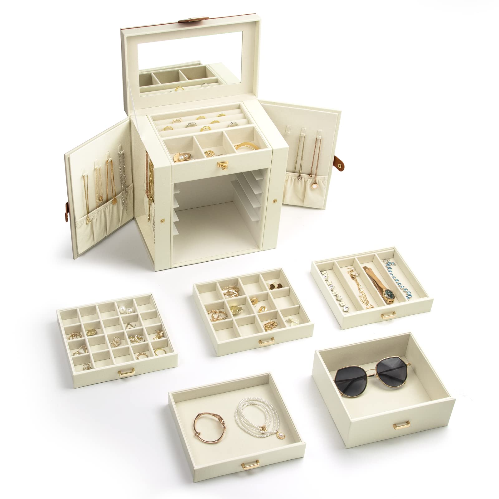 KAMIER 6-Layer Large Jewelry Box Organizer with Mirror & 5 Drawers - White Jewelry Storage for Women | Perfect for Rings, Earrings, Necklaces & Bracelets | Ideal for Bedroom Vanity, Travel & Gift Giving