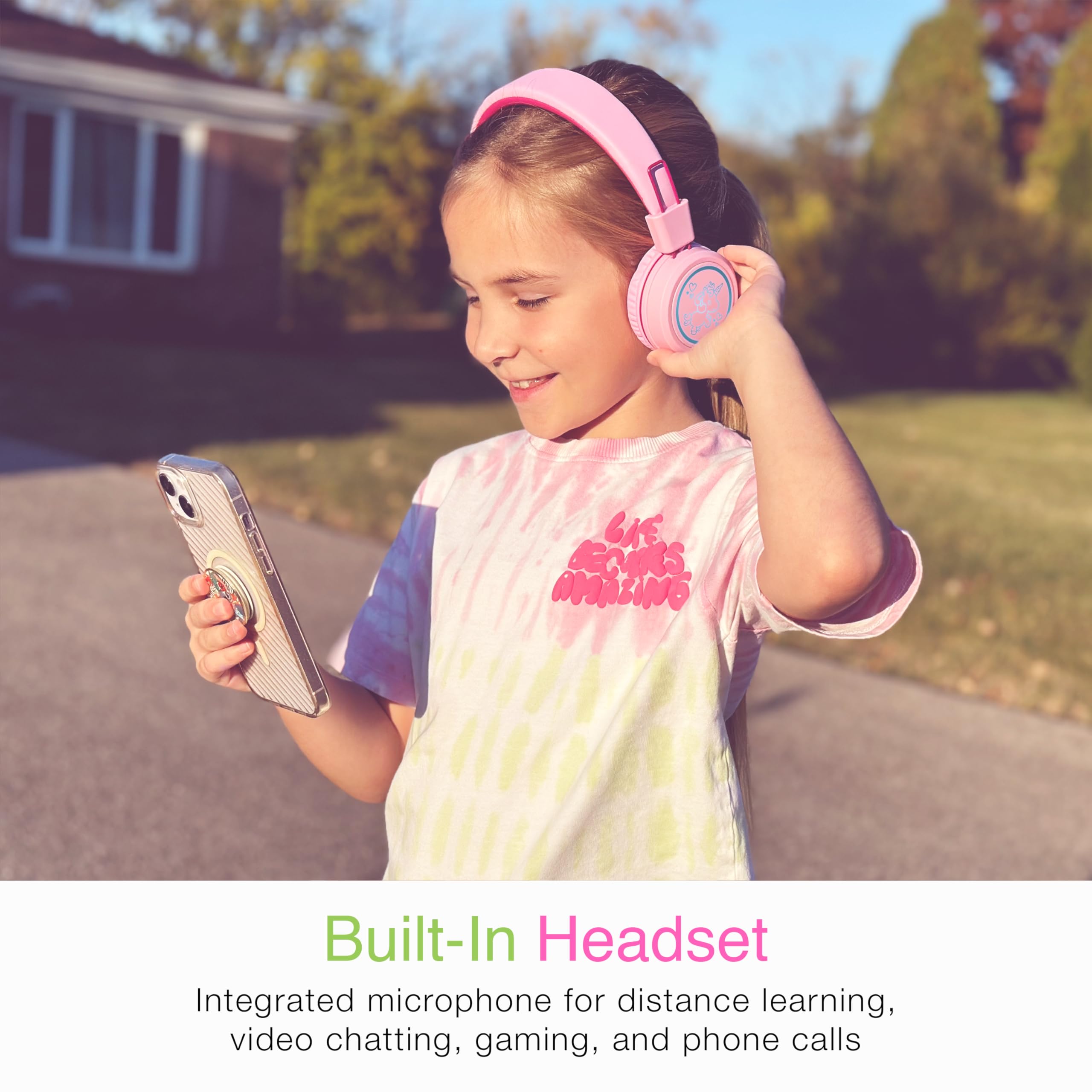 MEE audio KidJamz KJ55BT Bluetooth Wireless Kids Headphones with LED Lights - 85dB Volume Limiter, Built-in Mic & 40H Battery - Safe Listening Headphones for Children - Perfect for School, Online Learning, iPhone, iPad, Tablet & Travel (Pink)