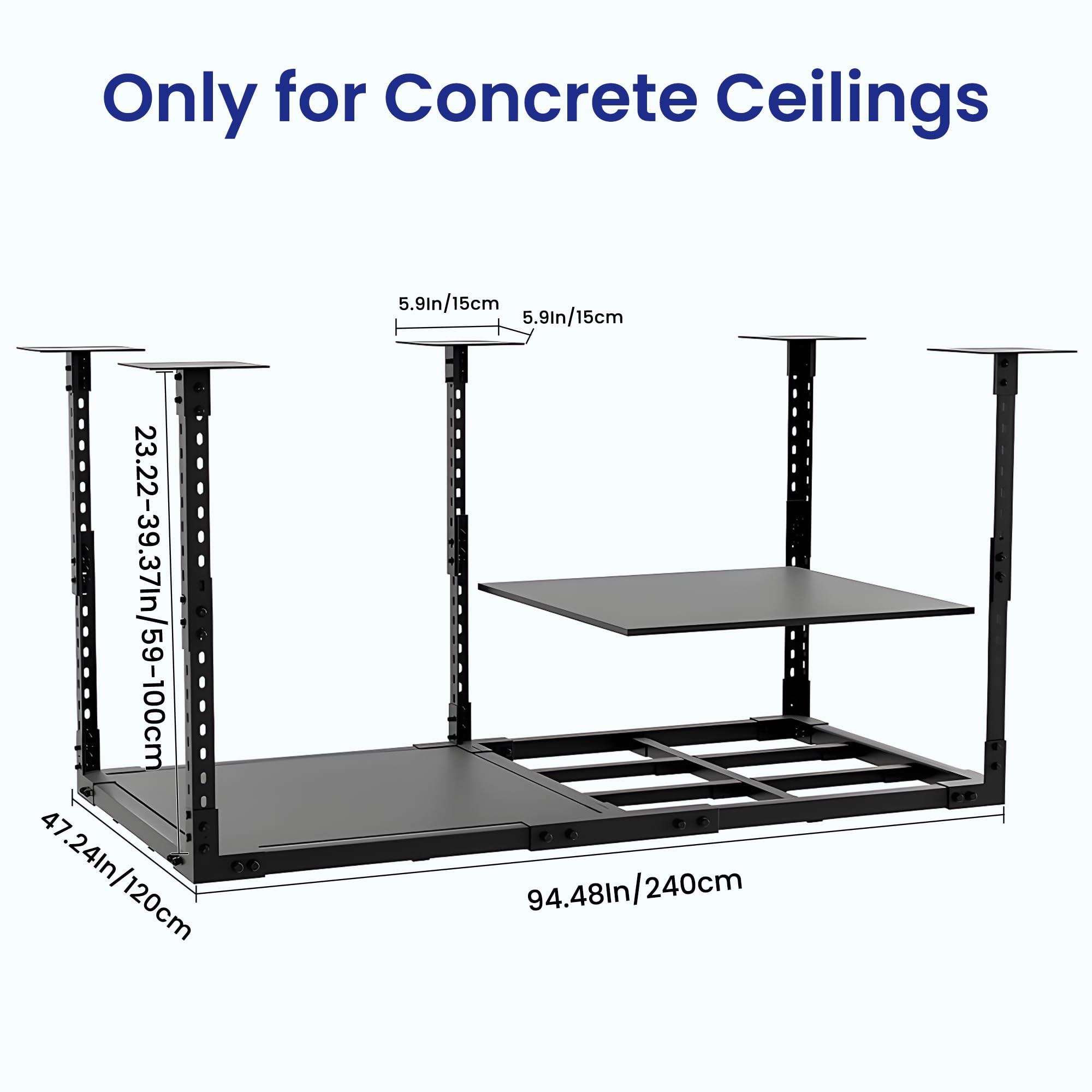 Heavy Duty Overhead Garage Storage Rack 4x8ft - Adjustable Metal Ceiling Storage System with Bottom Plate & 5 Hooks - 1320Lbs Capacity - Black - Perfect for Organizing Tools, Sports Equipment & Seasonal Items in Garage