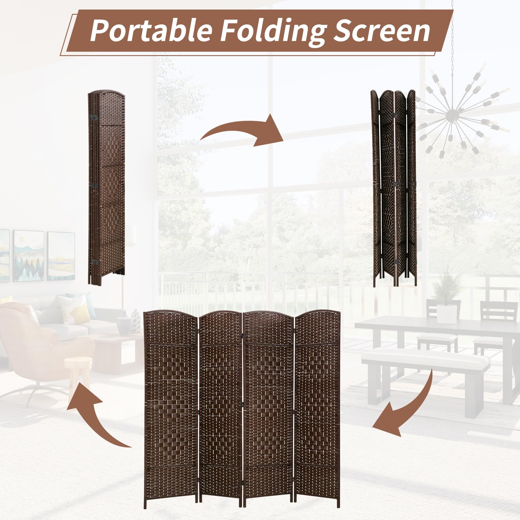 BLKMTY 4-Panel Folding Room Divider Screen - Extra Wide Tall Freestanding Privacy Partition for Living Room, Bedroom, Study - Brown Fiber Space Separator | Perfect for Home Office, Studio, or Event Space Division
