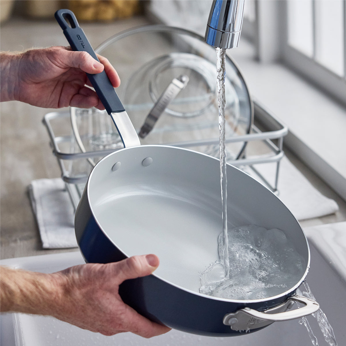 Bobby Flay by GreenPan Professional Ceramic Nonstick 4.5 Quart Sauté Pan with Lid - Oxford Blue | Healthy Cooking, Frying & Sautéing | Dishwasher Safe & Oven Safe up to 600°F