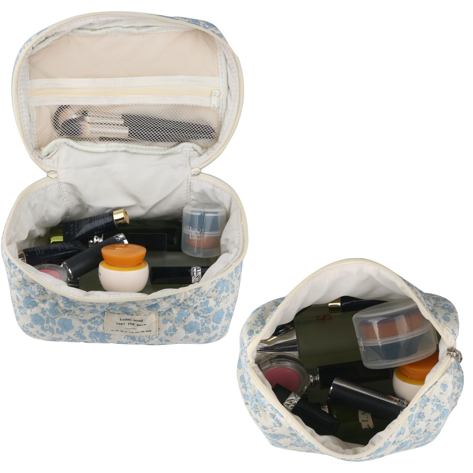 Cute Makeup Bag for Women (2 Pcs) - Quilted Floral Cosmetic Travel Organizer - Coquette Aesthetic Toiletry Bag for Purse, Gym & Vacation (Navy Blue Flower)