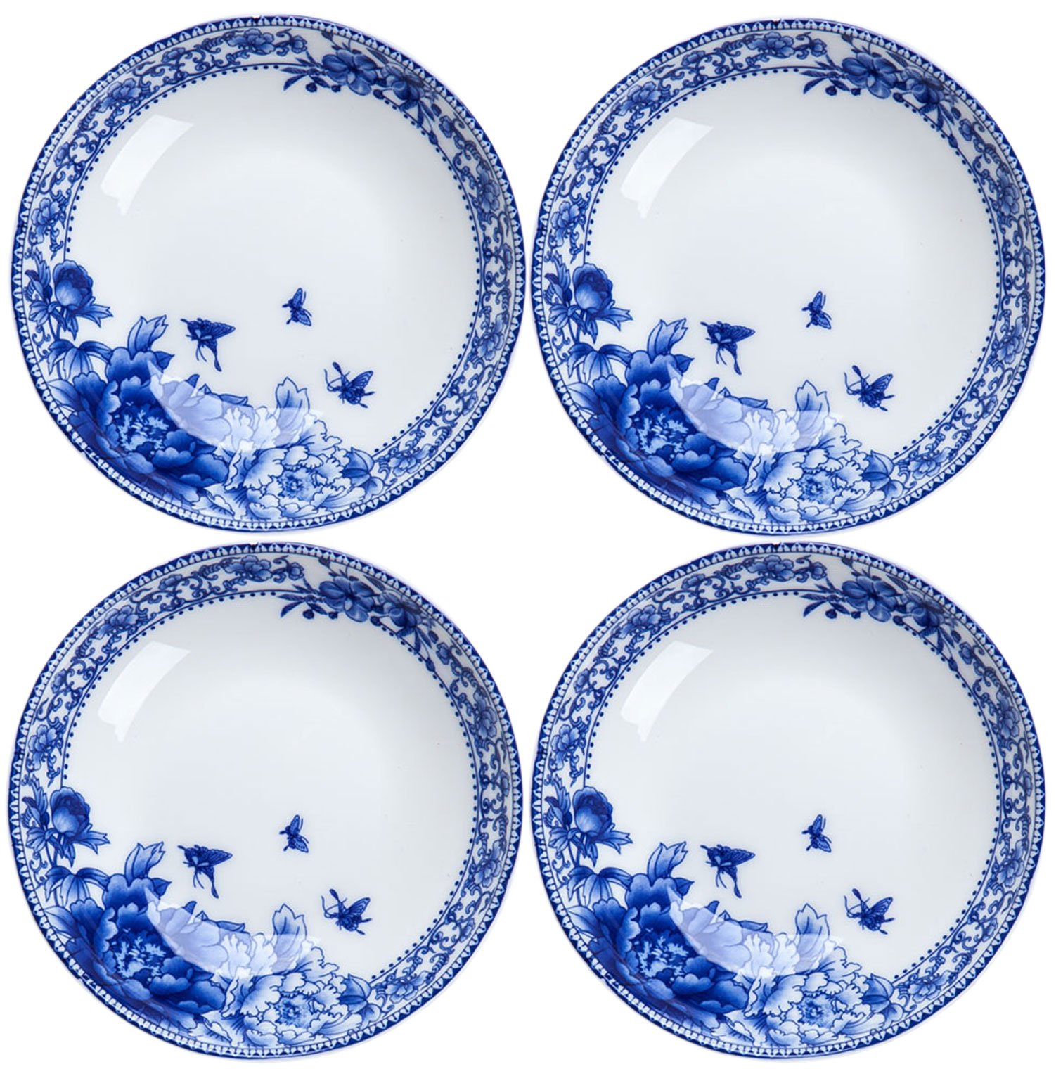 4-Pack 4-Inch Small Round Plates - Premium Bone China Soy Sauce & Dessert Dishes - Blue Floral Design - Elegant Tea & Coffee Cup Saucers - Perfect for Asian Cuisine, Dessert Serving, and Afternoon Tea Parties