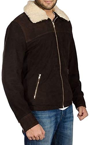 Rick Grimes The Walking Dead Season 5 Suede Fur Collar Brown Leather Jacket - Men's Cosplay Costume, Halloween Outfit & TV Show Replica (Size L) | Perfect for Comic Con, Halloween Parties & Walking Dead Fan Events